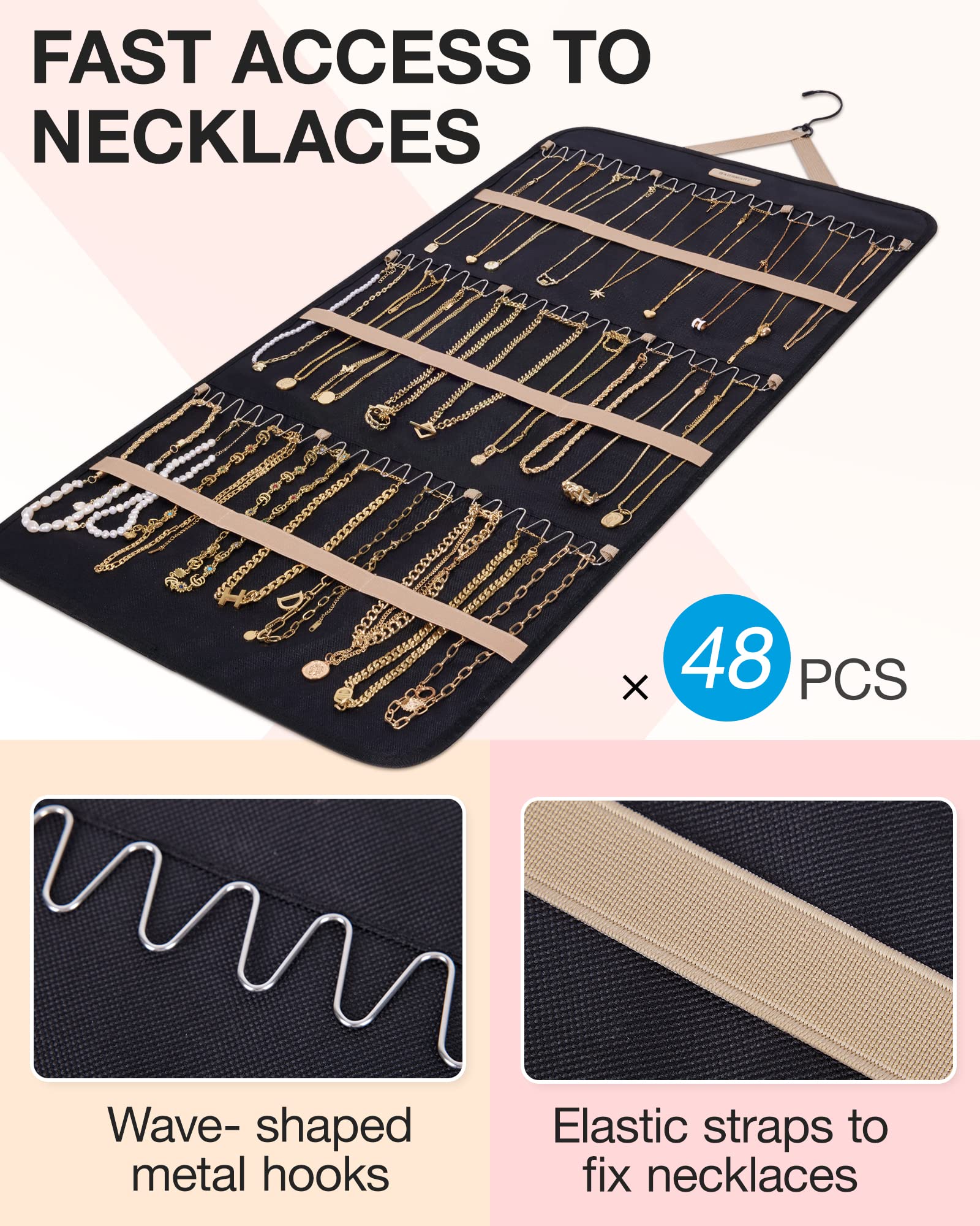 BAGSMART Hanging Jewelry Organizer Storage Roll with Hanger Metal Hooks Double-Sided Jewelry Holder for Earrings, Necklaces, Rings on Closet, Wall, Door, 1 piece, Extra Large, Black