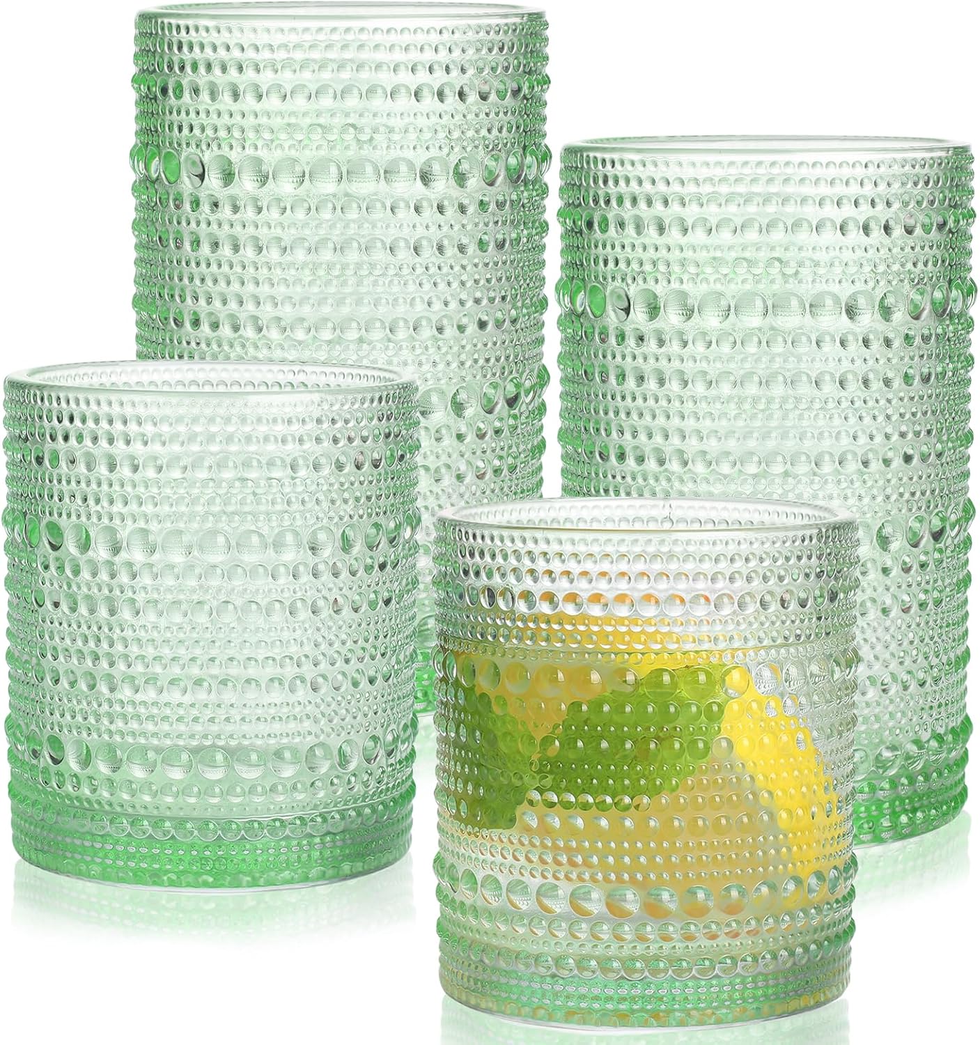 Airsky Green Vintage Drinking Glasses Set of 4-2 Cocktail Glasses 10 oz & 2 Highball Glasses 12 oz, Fashioned Hobnail Glasses for Beer, Whiskey, Soda, Juice, Coffee, Party Supplies