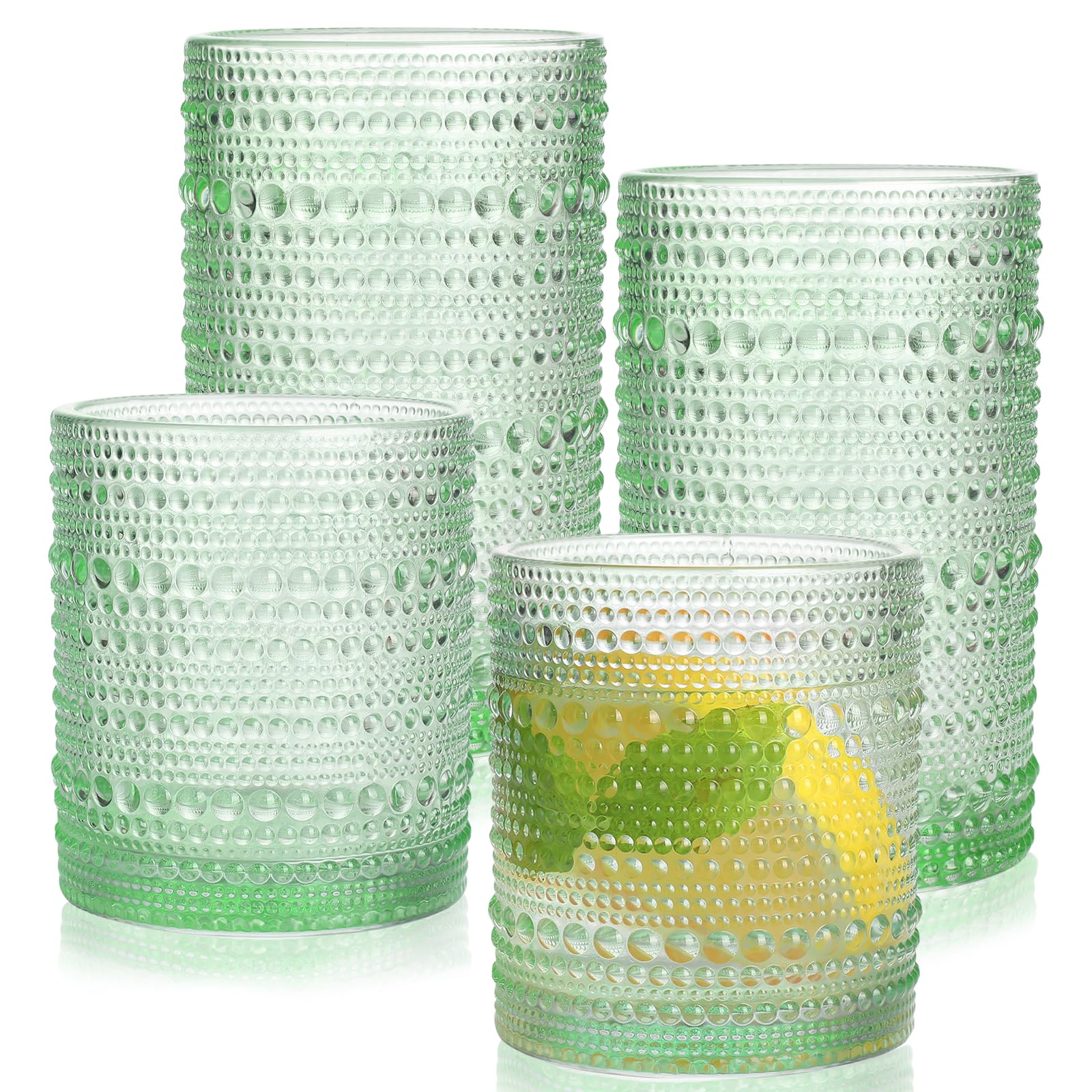 Airsky Green Vintage Drinking Glasses Set of 4-2 Cocktail Glasses 10 oz & 2 Highball Glasses 12 oz, Fashioned Hobnail Glasses for Beer, Whiskey, Soda,