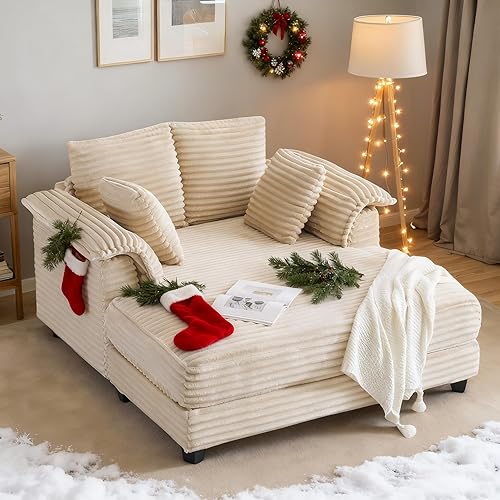 VINGLI 56" Oversized Chaise Lounge Chair, Beige Comfy Corduroy Chaise Sofa Recliner Bed Upholstered Sleeper Couch Bed with Throw Pillows and Armrests for Living Room, Movie Room, Bedroom - Beige