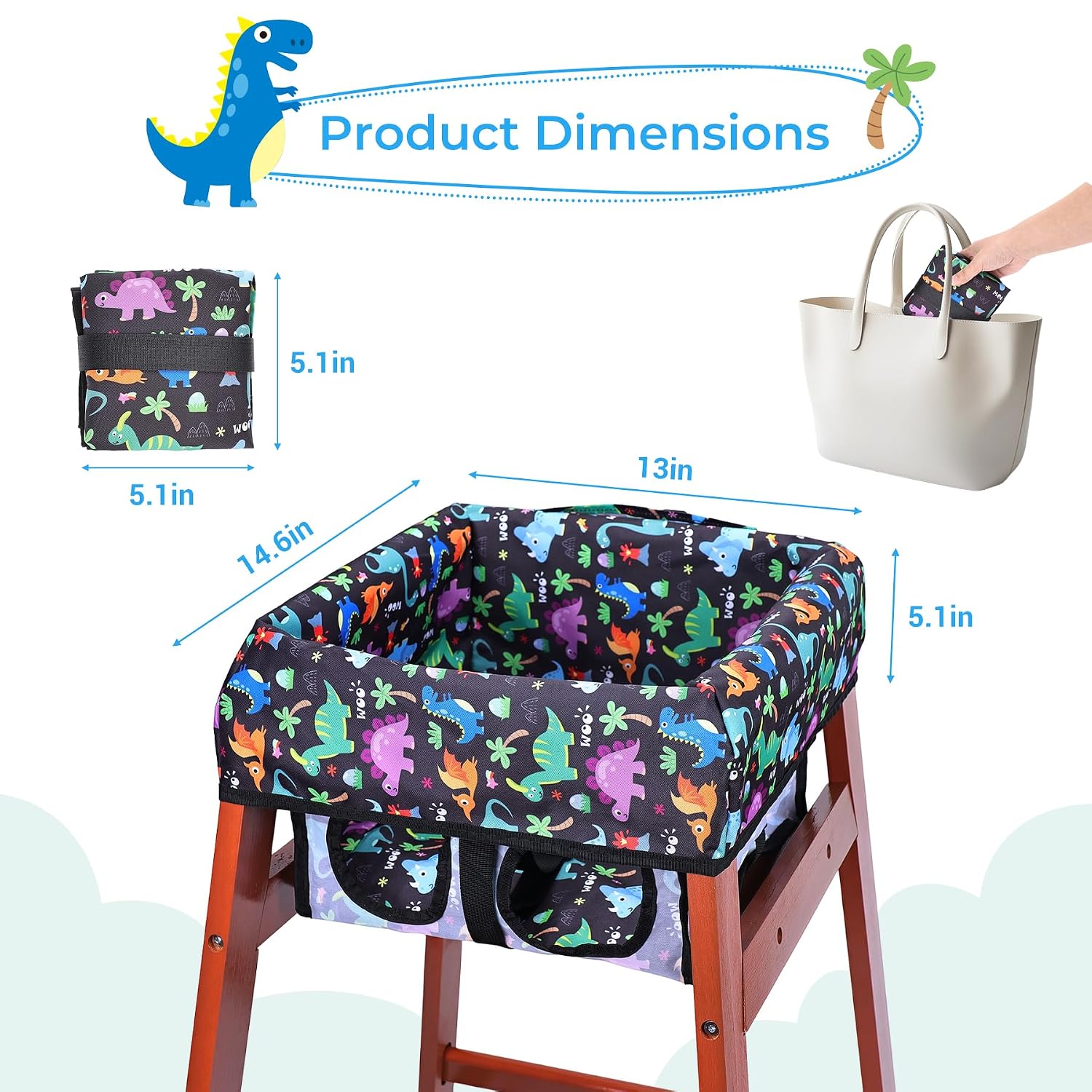 COOLBEBE Baby High Chair Cover with 3-Point Harness, Waterproof & Machine Washable Portable Seat Cover, Fits Wooden Chairs for Restaurant, Travel, Home & Dining Out, Black Dinosaur