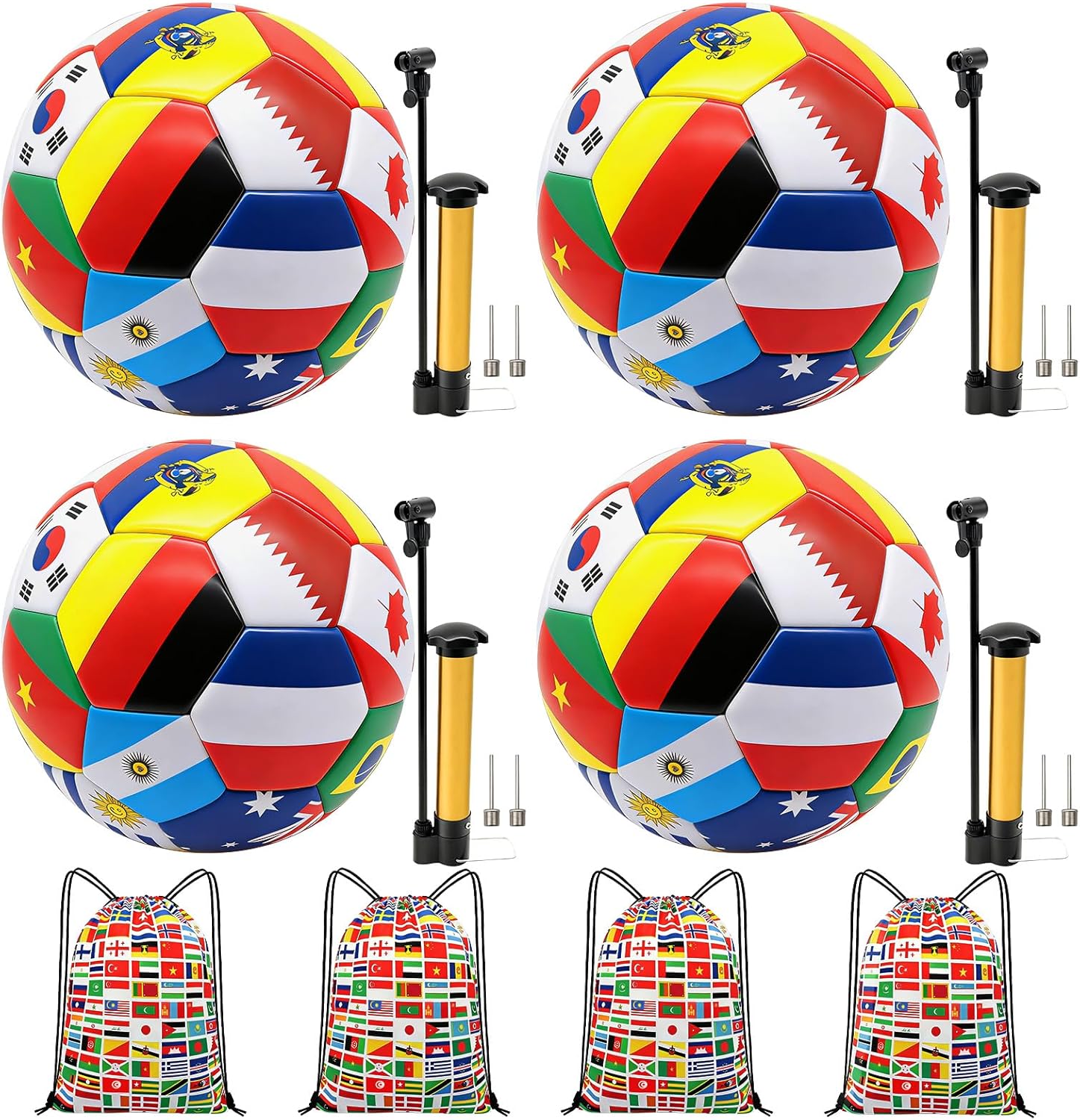 4 Set World Flag Soccer Ball Size 5, 2026 International Flag Soccer Party Favor Soccer Balls with Pump and World Storage Bag for Sports Holiday Birthday Party Gifts