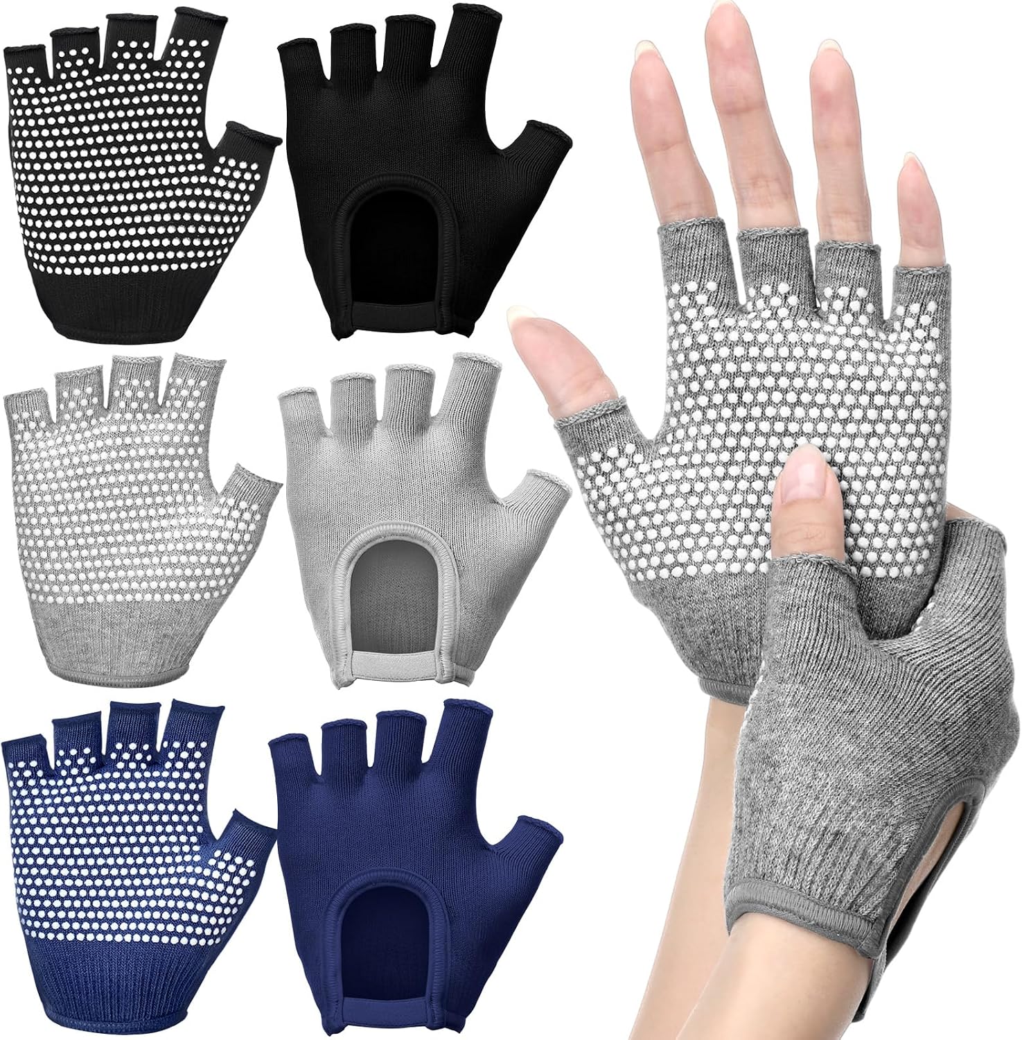 Shyyween 3 Pairs Silicone Grip Yoga Gloves Non Slip Fingerless Pilates Gym Workout Gloves for Women Men, One Size Fits Most, Comfortable and Breathable