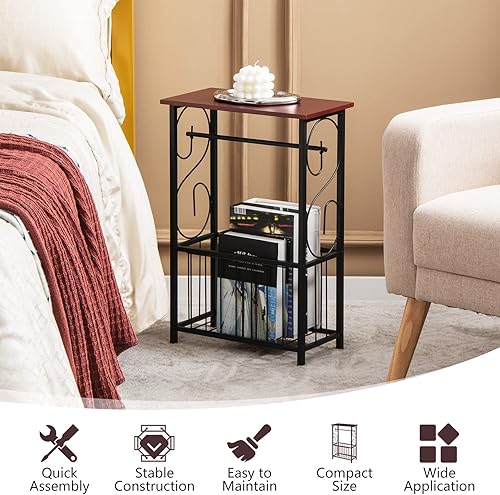 Miniatura 4 de Giantex Mesa auxiliar con soporte para papel, mesa auxiliar estrecha con cesta de almacenamiento y marco de acero para sala de estar, dormitorio,