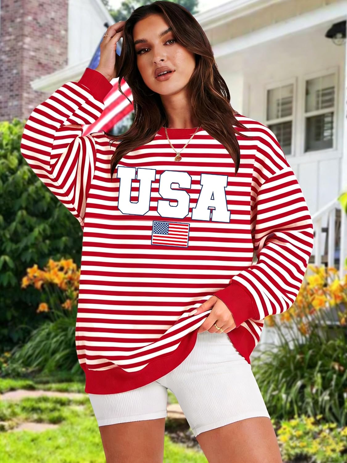 NEWWEN USA Shirt Women 4th of July Shirts American Flag Long Sleeve Shirt Patriotic Sweatshirt Stripes Graphic Pullover Tops
