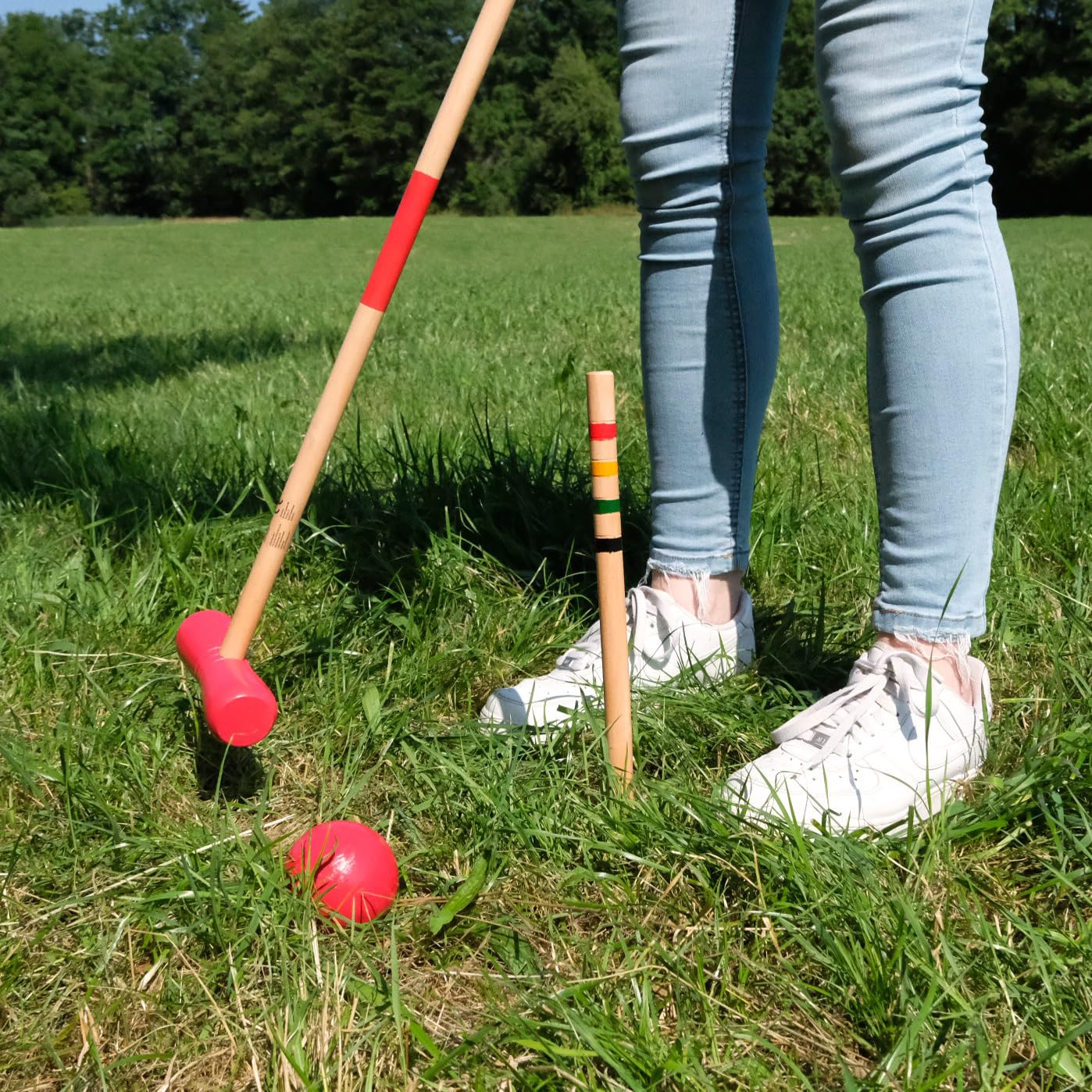 Carromco 4er Krocket Set Erwachsene, Holz Krocket Kinder Outdoor Spiel Basic-XM, 4 Spieler, Croquet Spiel aus Holz