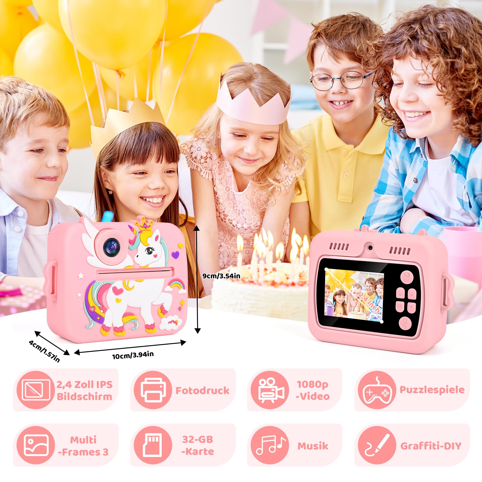 GuKKK 1080p aparat dziecięcy, aparat cyfrowy z ekranem 2,4", dla dzieci, z kartą 32 GB, 13 rolek papieru do drukowania, 5 kolorowych długopisów, prezent (różowy)