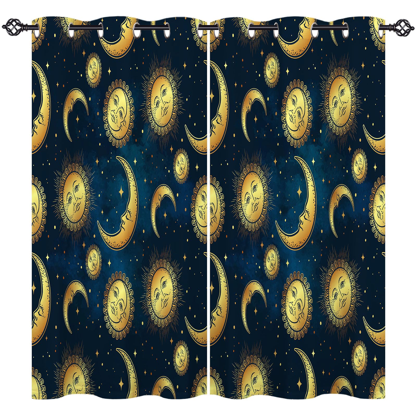 ANHOPE Sun Moon Stars Curtains Eyelet Ring Top Blackout Thermal Insulated Curtains Boho Style Blue Night Sky Background Print Pattern Soft Window Drapes for Bedroom Living Room 46 x 54 Inch 2 Panels