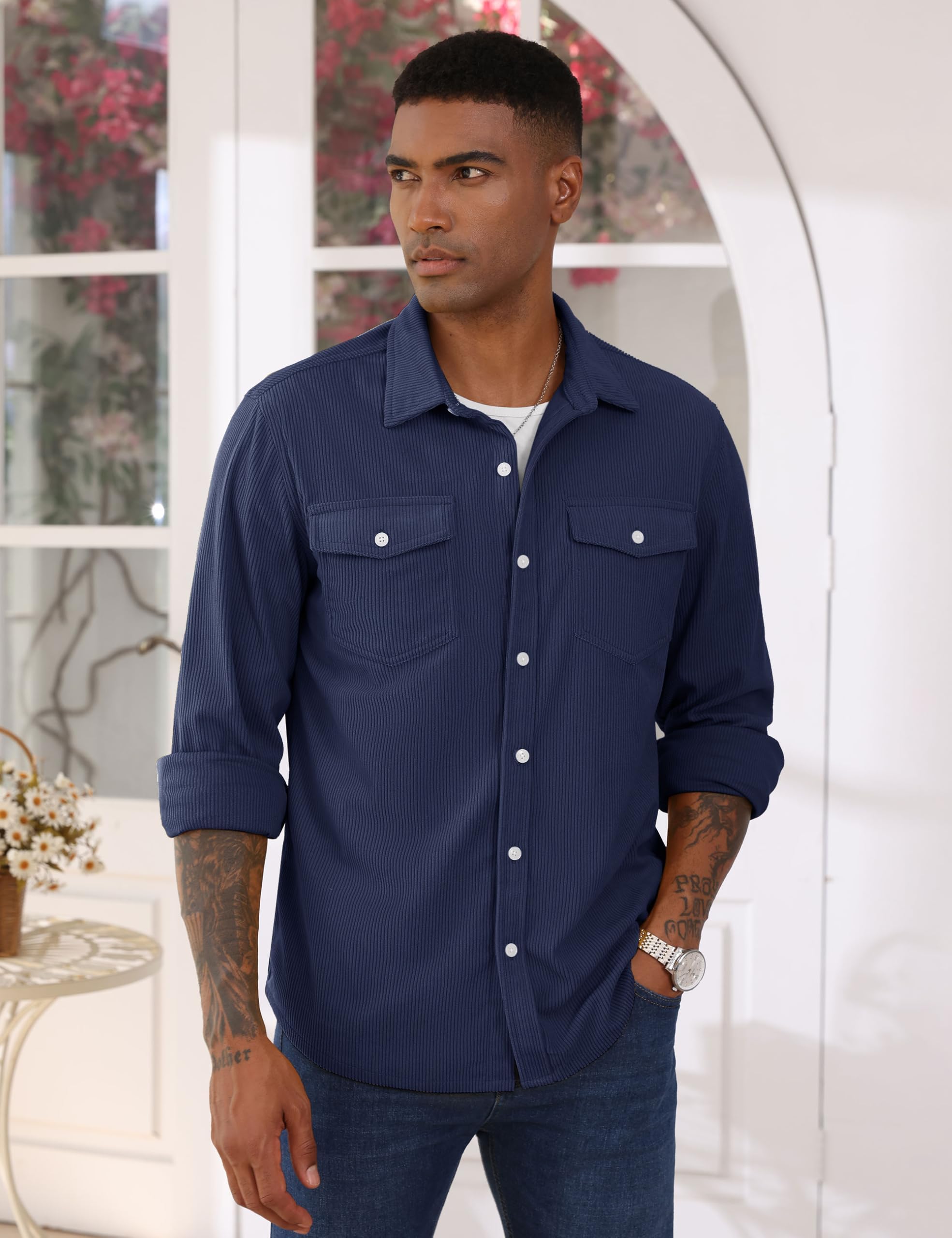TACVASEN Camicia da uomo in velluto a coste a maniche lunghe giacca da uomo casual vestibilità regolare con bottoni e tasca con patta S-3XL