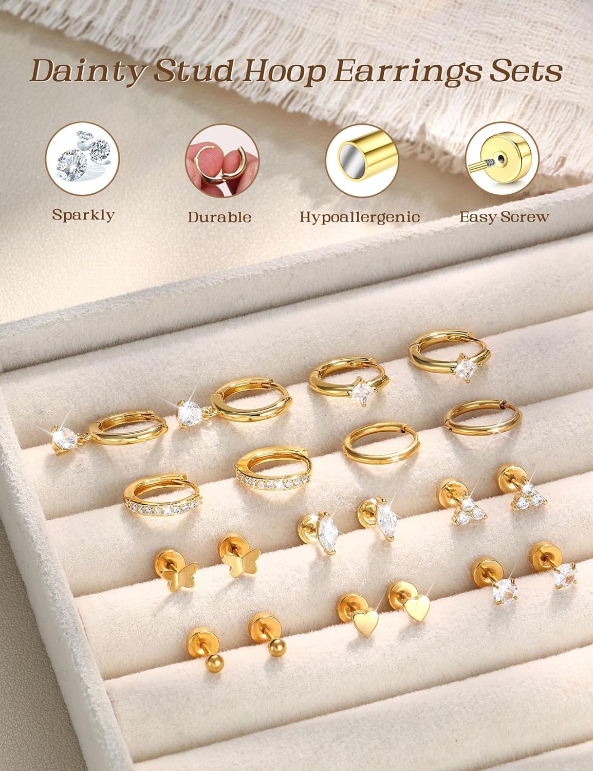 Jstyle 14K Gold Plated Stud Hoop Earrings for Women Hypoallergenic Surgical Steel Earring Stacks Silver Flat Back Earrings Trendy CZ Small Helix Cartilage Earring Sets for Multiple Piercing Jewelry - Image 7