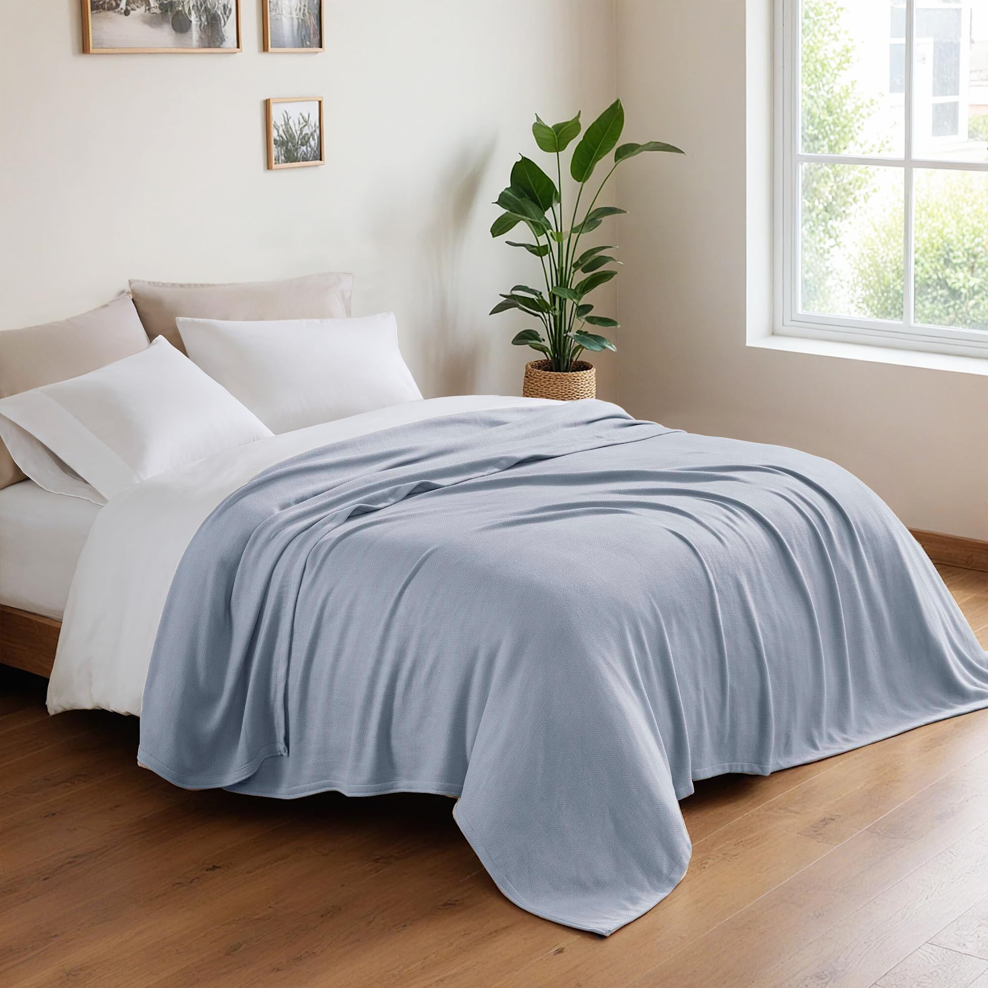 Manta de algodón refrescante tamaño Queen, manta de verano transpirable de rayón derivado de bambú y algodón, manta suave y ligera para cama, sofá y sofá, 90 x 90 pulgadas, azul claro