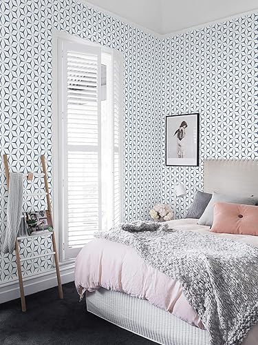 Miniatura 6 de Heroad Papel tapiz azul moderno para despegar y pegar, papel adhesivo azul geométrico bohemio para armarios y cajones, apto para inquilinos,