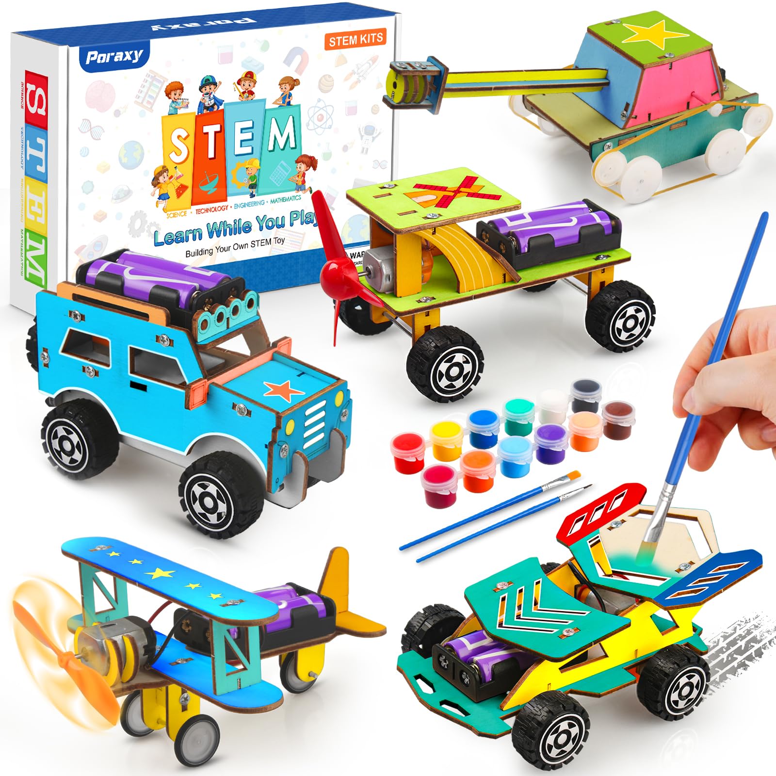 Poraxy STEM Kits for Kids Age 8-10, 5 Set STEM Toys for Boys Age 8-12, Wooden 3D Puzzles Model Car Kits, Science Kit Crafts Building Project, Birthday Gifts for 6 7 8 9 10 11 12 13 Year Old Boys Girls