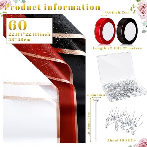 Miniatura 9 de Outus 60 hojas de papel de regalo para ramo de flores, impermeable, con 60 mariposas 3D, 100 alfileres de flores, 2 rollos de cinta, suministros de