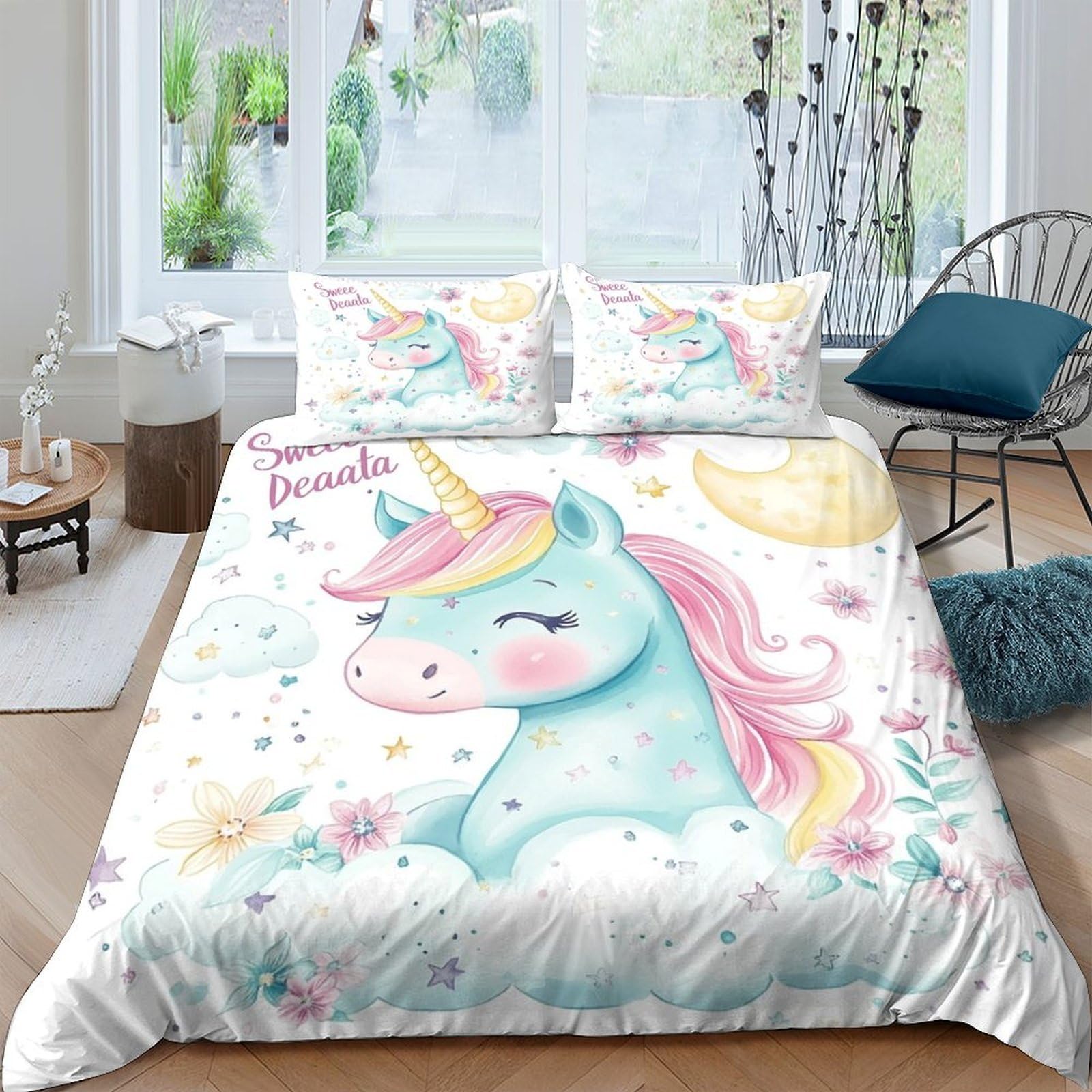 Ctjqhvkz Style-5 3D Printed Pastel Unicorn Fitted Sheet Microfiber Soft Bedroom Decor Rainbow Fantasy Bed Cover For Home Dorm Single（135X200cm）