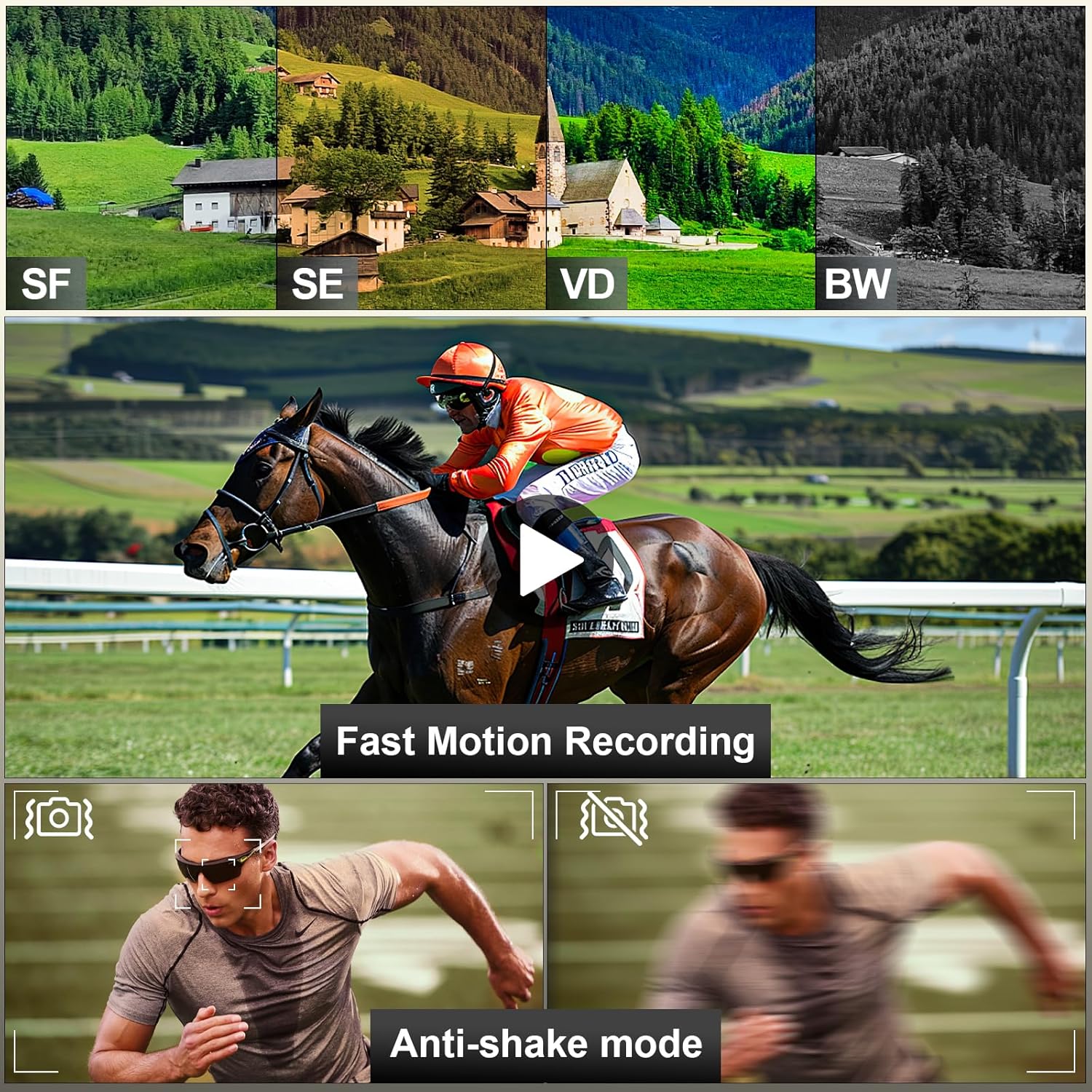 Contents of the NBD 5K Video Camera Camcorder kit, including the camcorder, microphone, LED fill light, two batteries, 32GB SD card, card reader, lens hood, and cleaning tools.