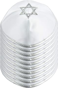Pack of 10-Pcs Hq 20cm Satin Kippah with Silver/Gold String+Star of David for Men & Boys, Yamaka Hat from Israel, Kippot Bulk White Silver
