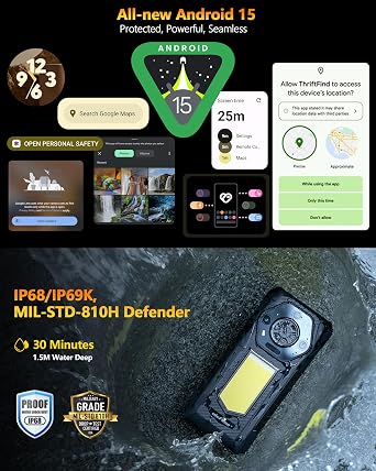 Ulefone Armor 30 4G Android 15 Rugged Phone, 24GB+512GB, 6.95 FHD 120Hz Screen, 1236LM Versatile LED Light, 64MP Night Vision+50MP+50MP+32MP Camera, 12800mAh 66W, Infinite Halo, IP68/IP69K/NFC Black