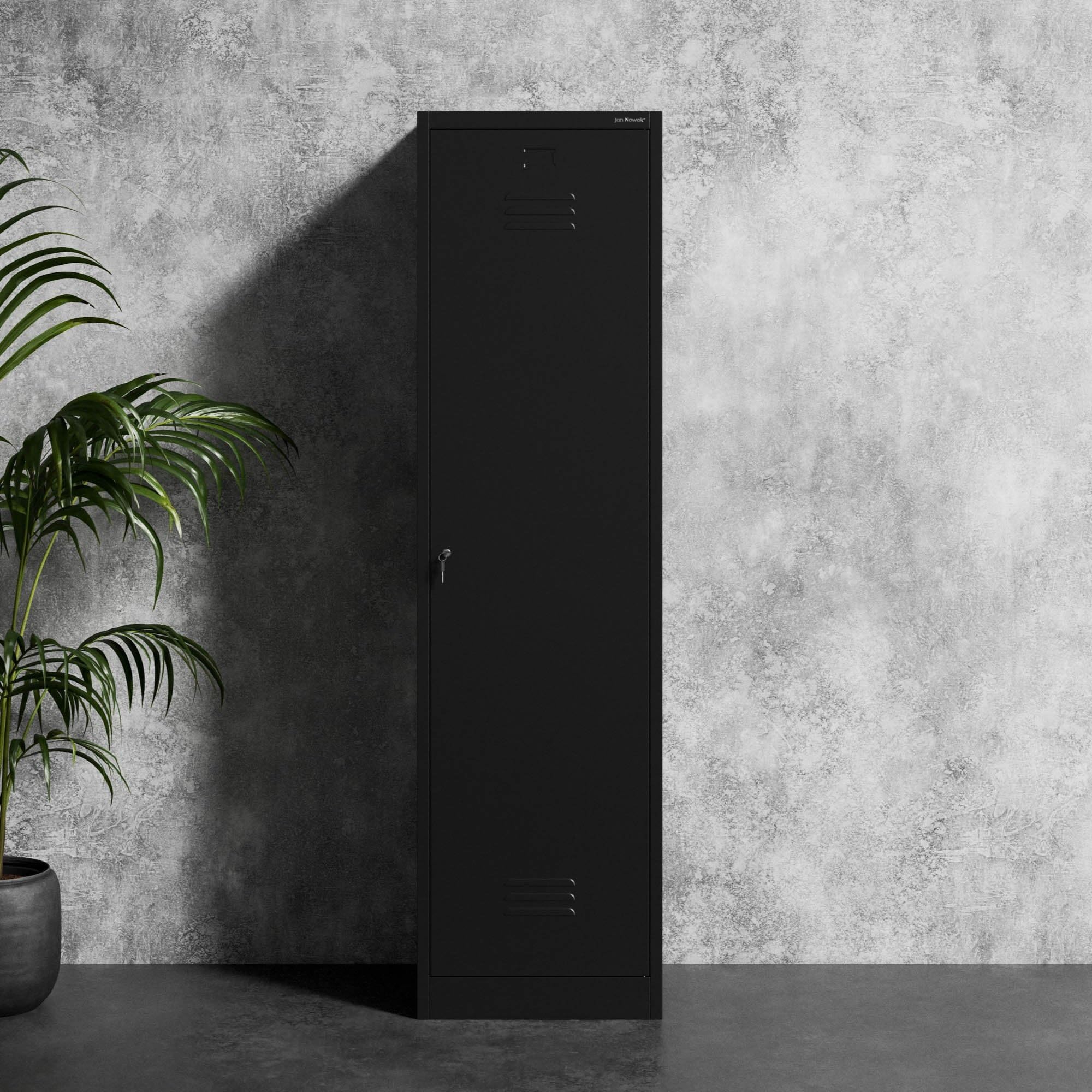 Jan Nowak Armoire de Rangement, Multifonction, Vestiaire Metallique | 185 cm x 50 cm x 50cm | Étagères, Crochets à vêtements | Fentes de Ventilation, Porte-étiquette, Verrouillable, Noir