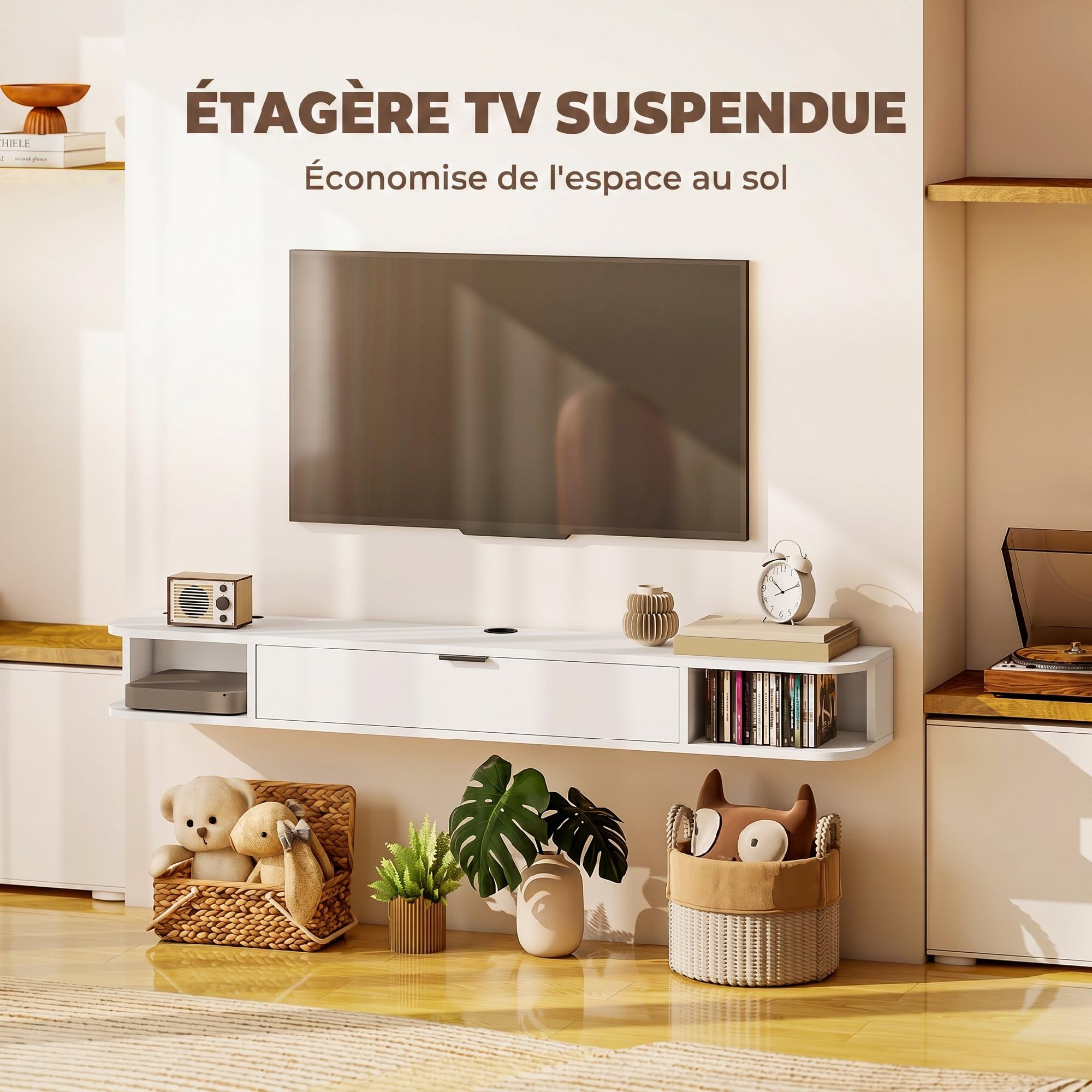 HOMCOM 55" Pływający stojak TV z półką, do 60", biały, imitacja drewna