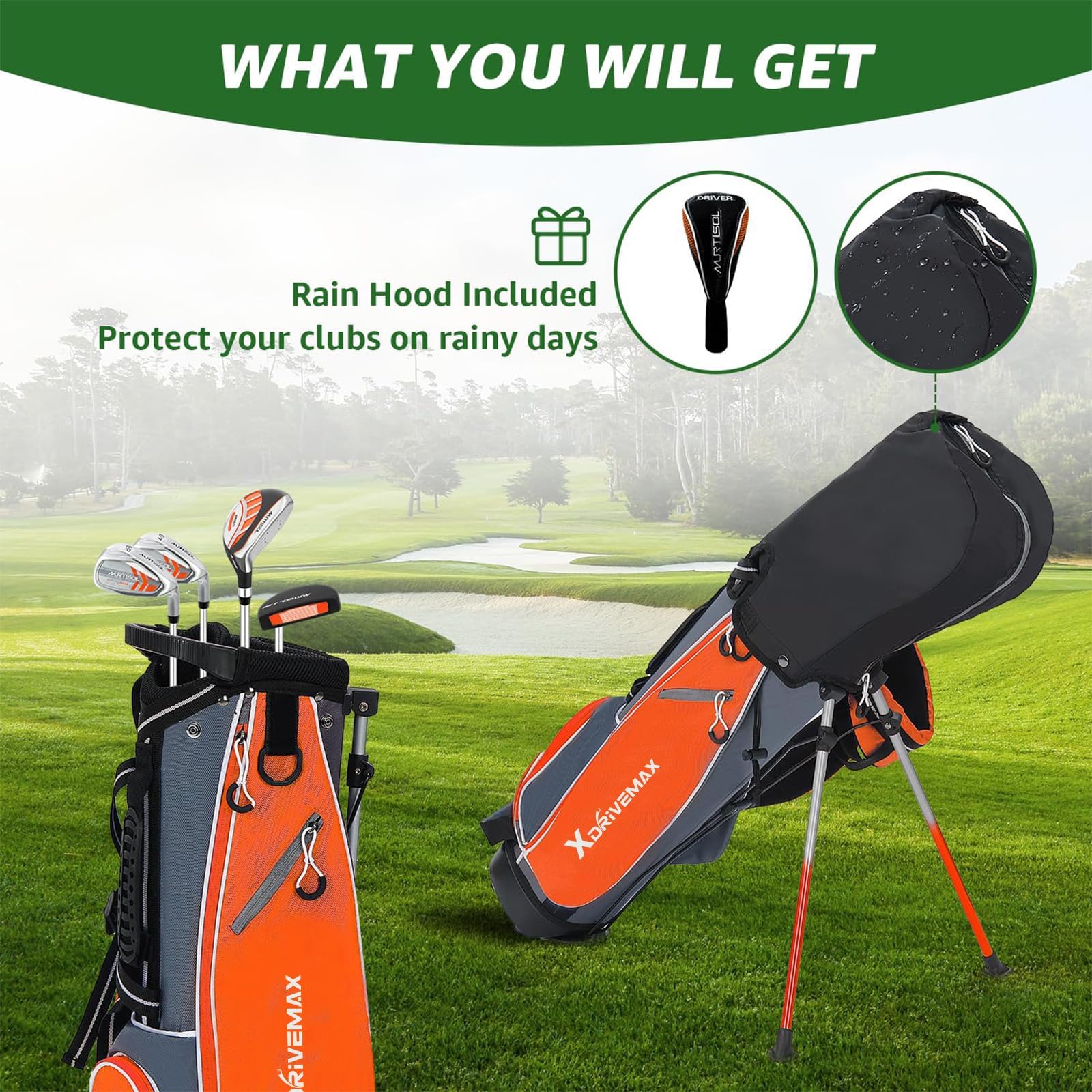 XDriveMax 5/6-teiliges Kinder-Golfschläger-Set, Junior-Golfschläger-Set, Alter 4–12 Jahre, inklusive Standtasche, 1# Drive, 5# Hybrid, 6/7#, 9/P# Eisen und Putter rechte Hand für Jungen und Mädchen