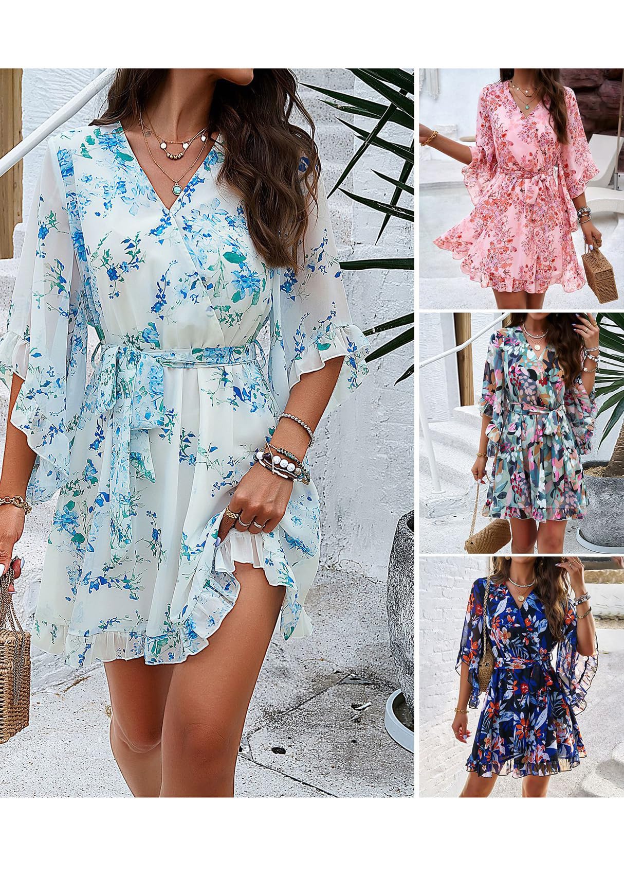 LAZIRO Abiti da Donna Primavera-Estate con Scollo A V E Manica Corta Svasata per Pendolari, Eleganti Abiti Stampati con Cravatta