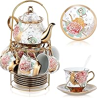 Vista 1 de Zhehao 20 Pcs Porcelain Tea Set with Metal Holder and Spoon Adult Ceramic Tea Set European Flower Painting Teapot Cup Saucer Spoon for Women, Large