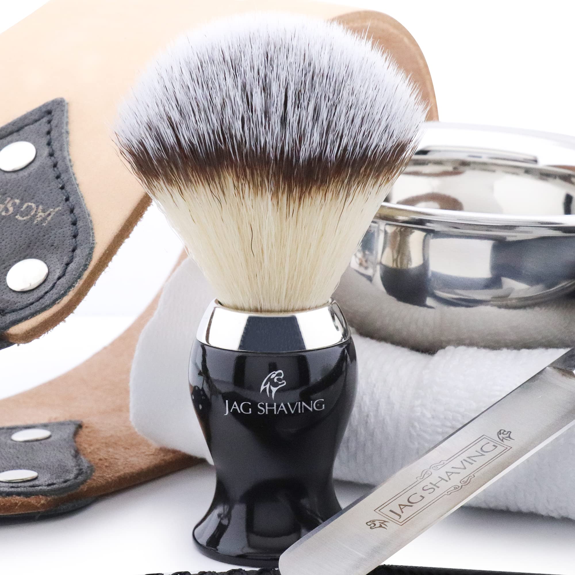 Jag Shaving Zestaw do golenia – 6-częściowy zestaw do golenia – brzytwa – pędzel do golenia z syntetycznych włosów – mydło do golenia – skórzane etui na maszynkę do golenia – blok ałunowy – skóra
