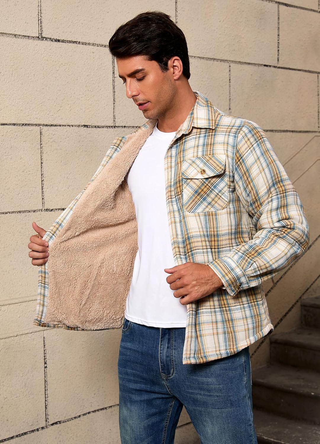 Men's Sherpa Lined Cotton Flannel Shirt Jacket Button Down Long Sleeve Fleece Jacket for Men - Image 3