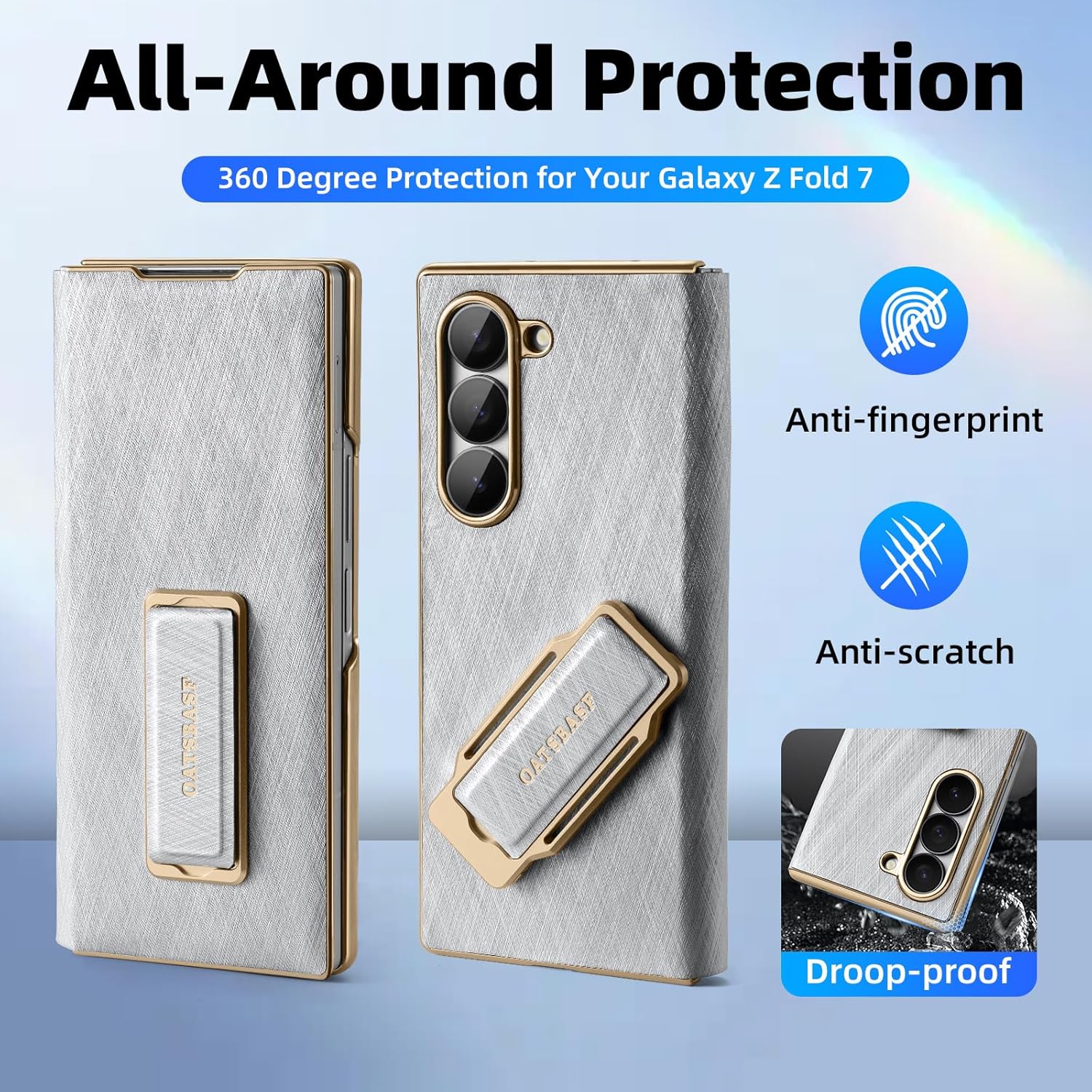Dual Grip for Samsung Galaxy Z Fold 7 Leather Case with Hand Strap,360° Rotatable Kickstand,Full Body Screen Protector Flip Cases,Hinge Protection Anti-Scratch Shockproof Phone Cover,Silver
