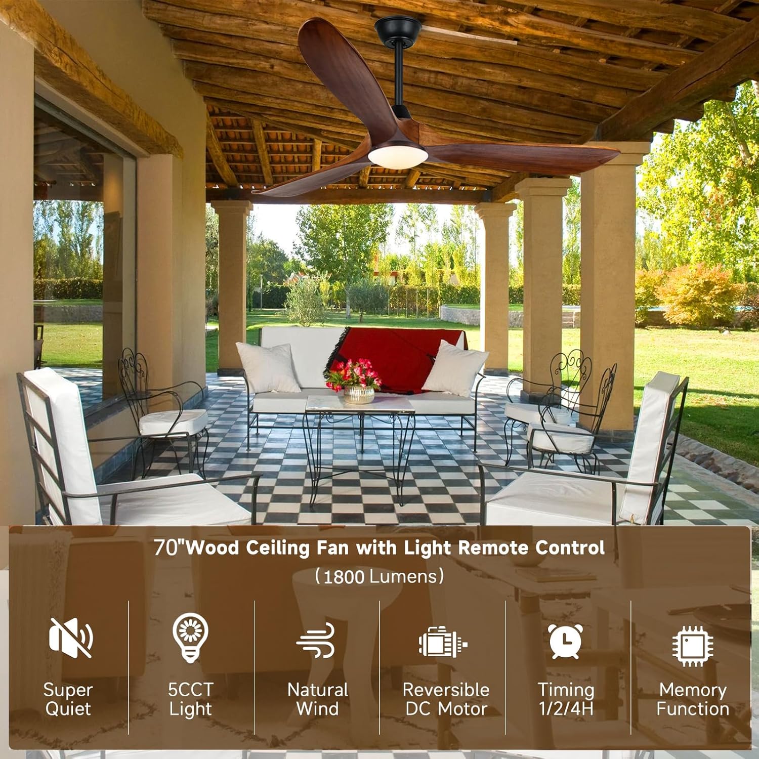 70 Inch Large Ceiling Fan with Light and Remote, Outdoor Ceiling Fan for Patios, Wood Rustic Farmhouse Ceiling Fan with Noiseless High Airflow Reversible DC Motor for Pergola Porch Gazebo
