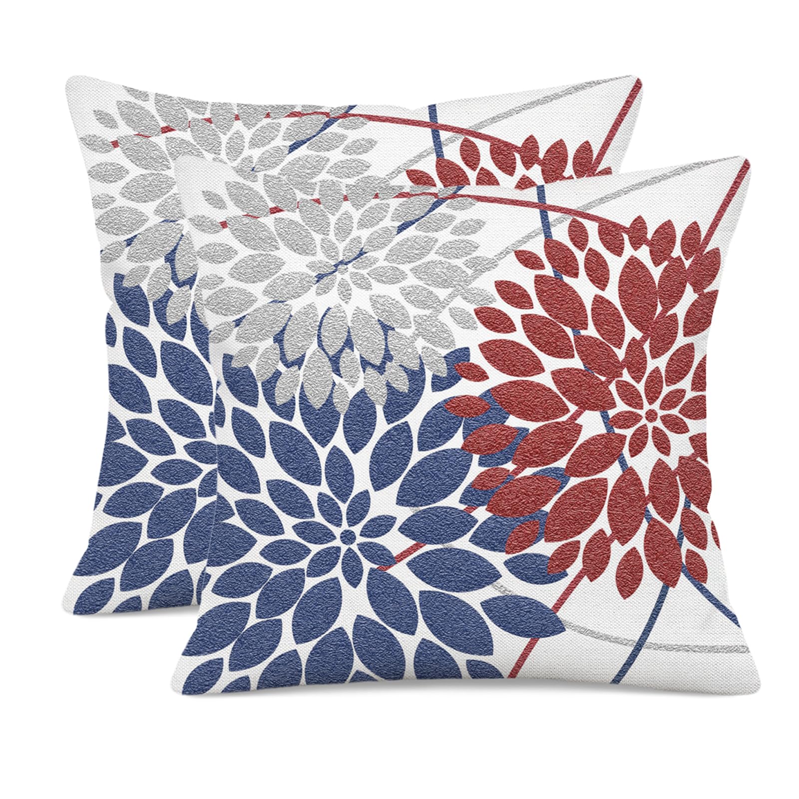 UZFNY 4th of July Pillow Covers 18x18 Inch Set of 2 Patriotic Themed Navy Blue Red White Dahlia Floral Decor Throw Pillows Modern Geometry Flower