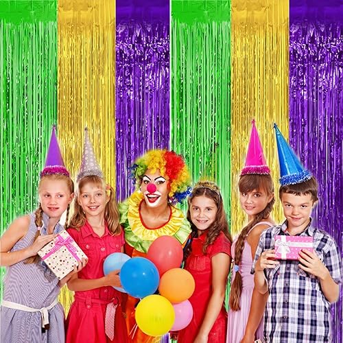 Miniatura 4 de Paquete de 2 cortinas de flecos de papel metálico de Mardi Gras de 32 x 98 pies cortinas de oropel morado verde y dorado serpentinas para fiesta