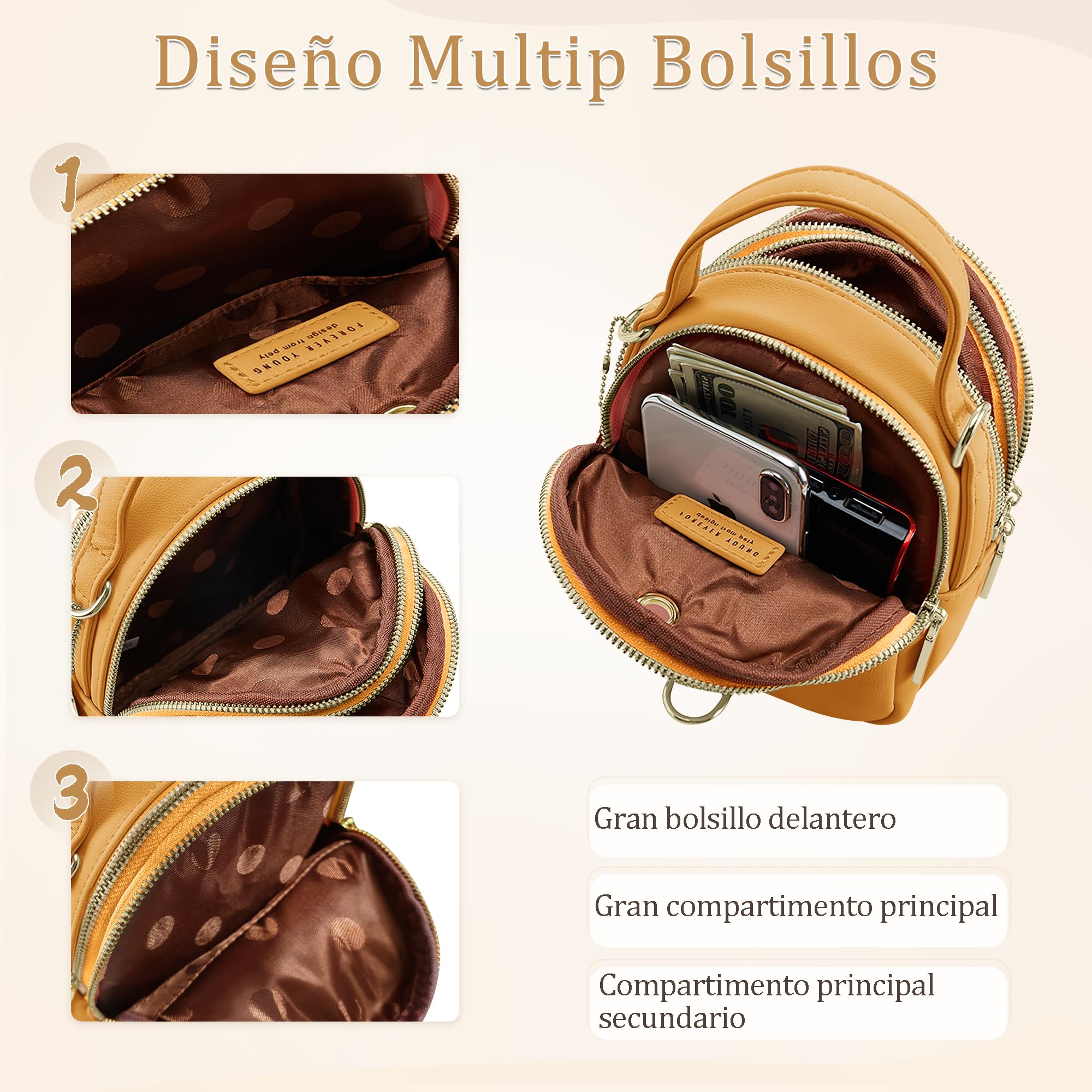 Lindo Mochilas Mujer Pequeña Moda Bolso con Orificio para Auriculares y Manejar Backpack Adecuado Trabajo Escuela Casual Impermeable Piel PU Mini Bolso Mochila Mujer Amarillo