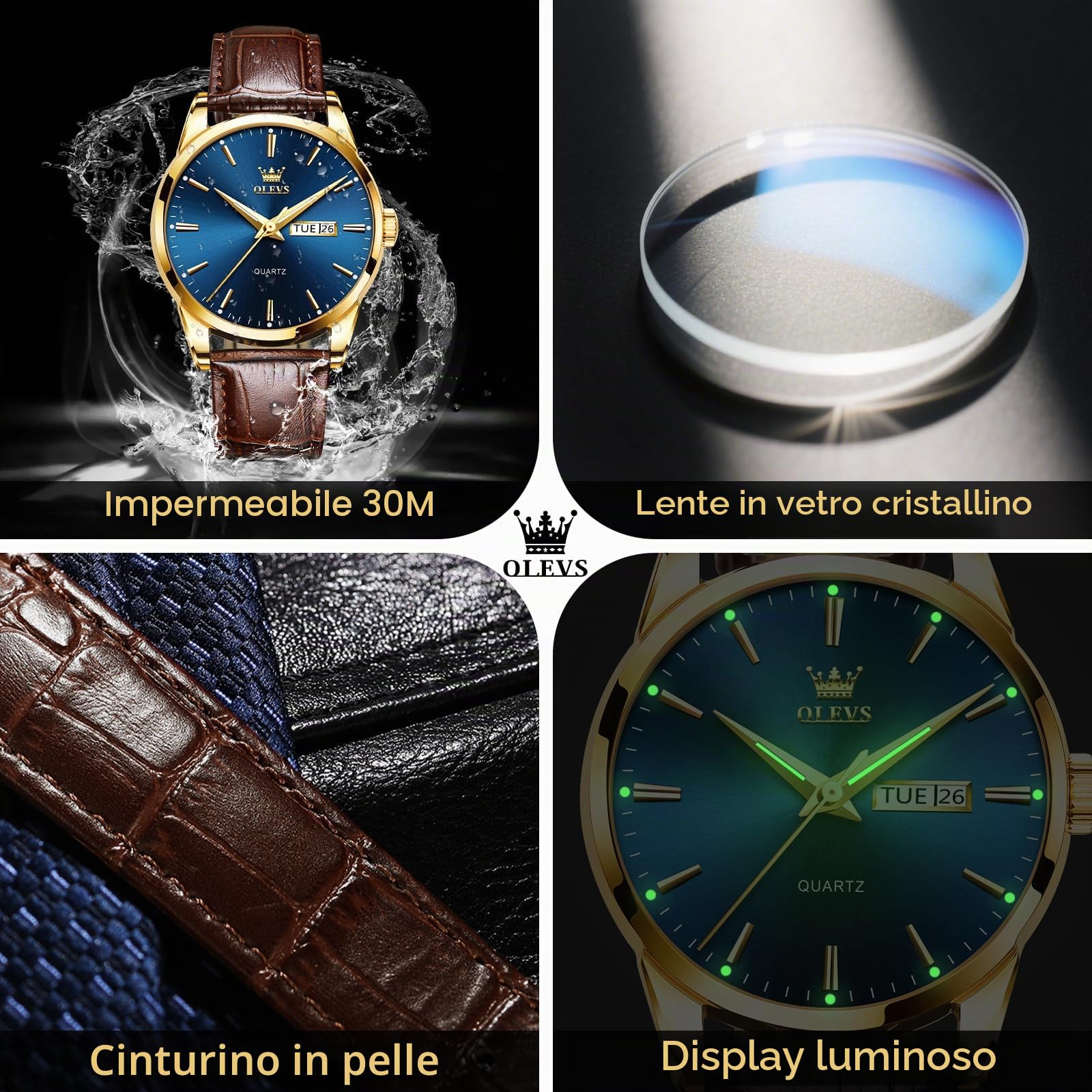 OLEVS Orologi in pelle da uomo, Orologi al quarzo analogico in acciaio inossidabile Uomini, Orologio classico da uomo negozio, Orologio da polso impermeabile Luminous Day Date Uomini