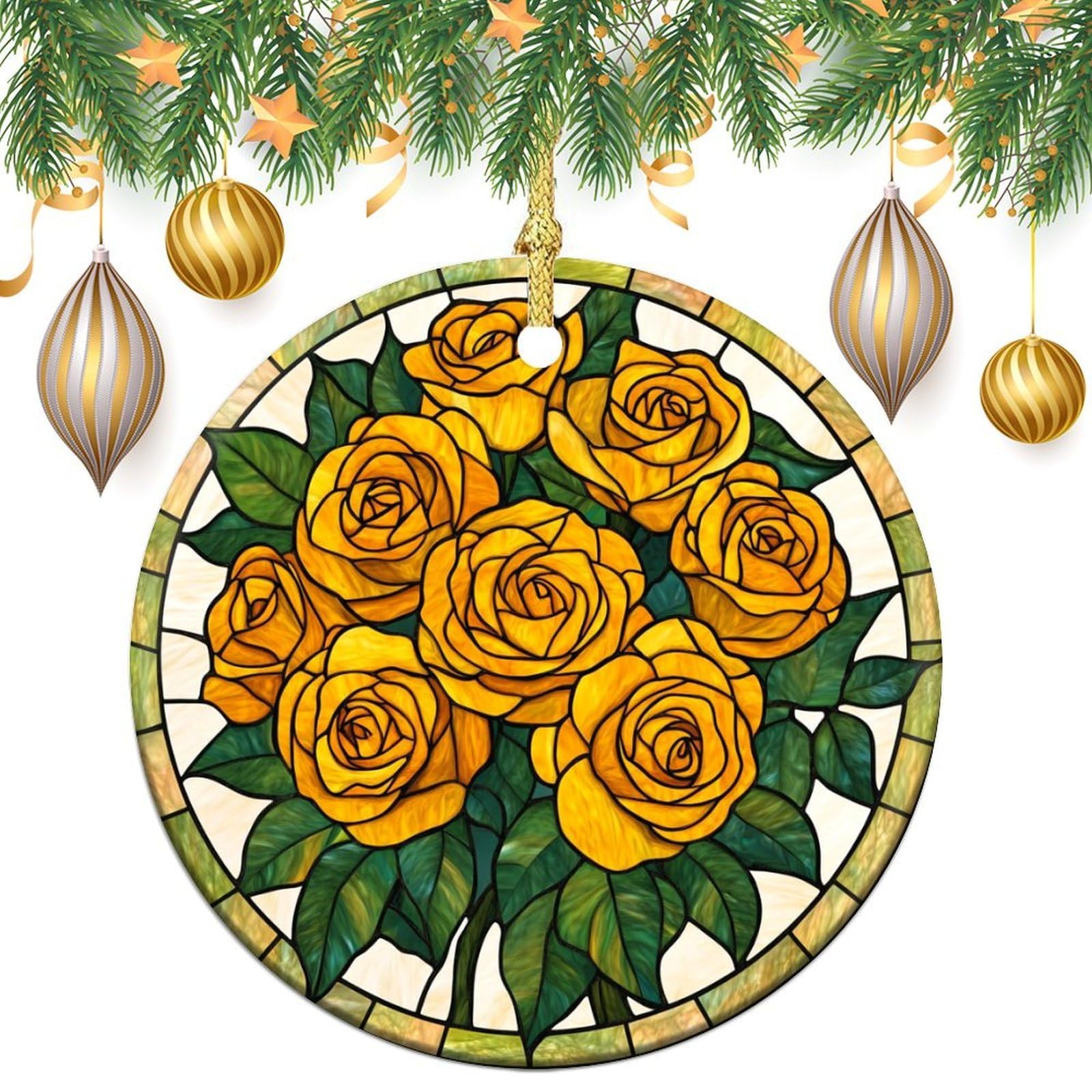 Stained Glass Bouquet of Yellow Roses Christmas Tree Hanging Ornaments,2 Pieces, 7.2CM Round Double-Sided