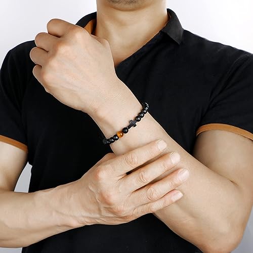 Miniatura 3 de Cross Bracelet for Men to Dad Son Grandson Husband Godfather Uncle Nephew Brother Gift Inspirational Tiger Eye Bead Elastic Healing Bracelet