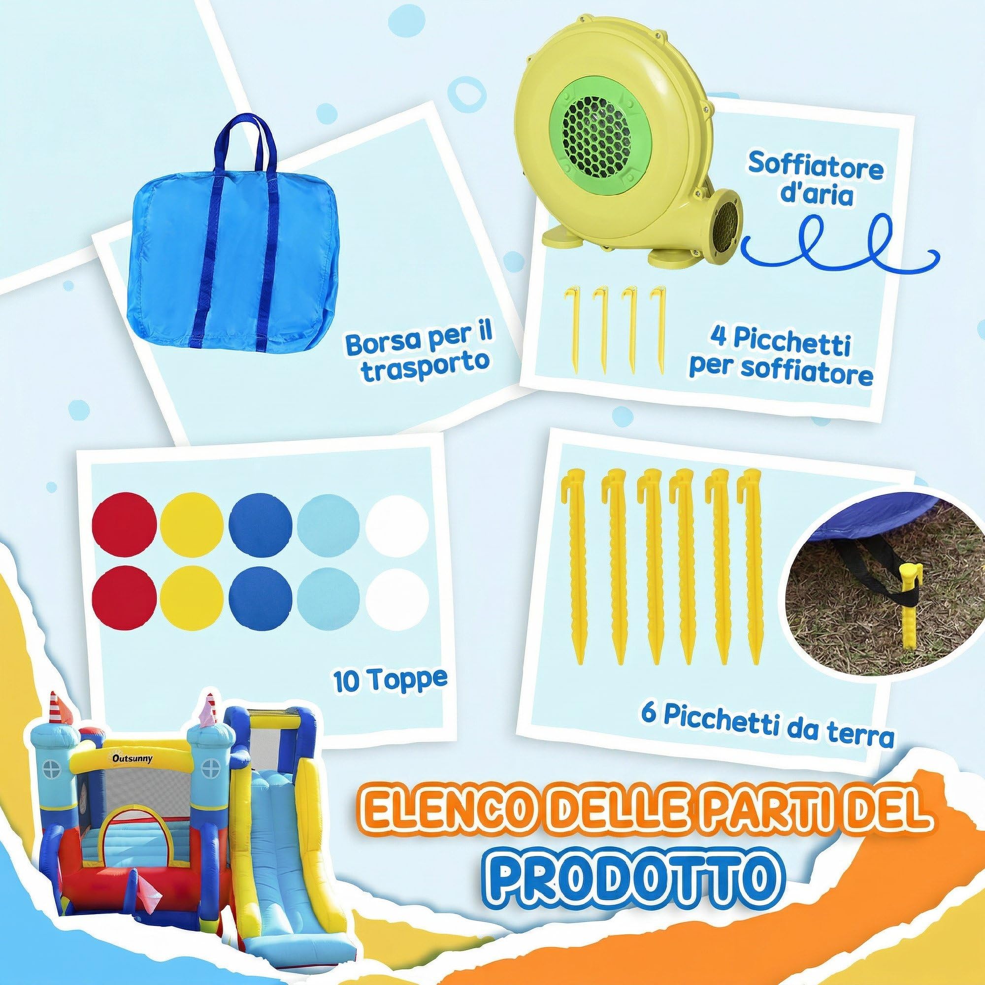 Outsunny Castello Gonfiabile 4 in 1 per Bambini 3-8 Anni, 265x260x200cm | Trampolino, Scivolo, Piscina, Parete da Arrampicata, Borsa Trasporto, Parco Acquatico Gonfiabile per Giardino, Gonfiatore