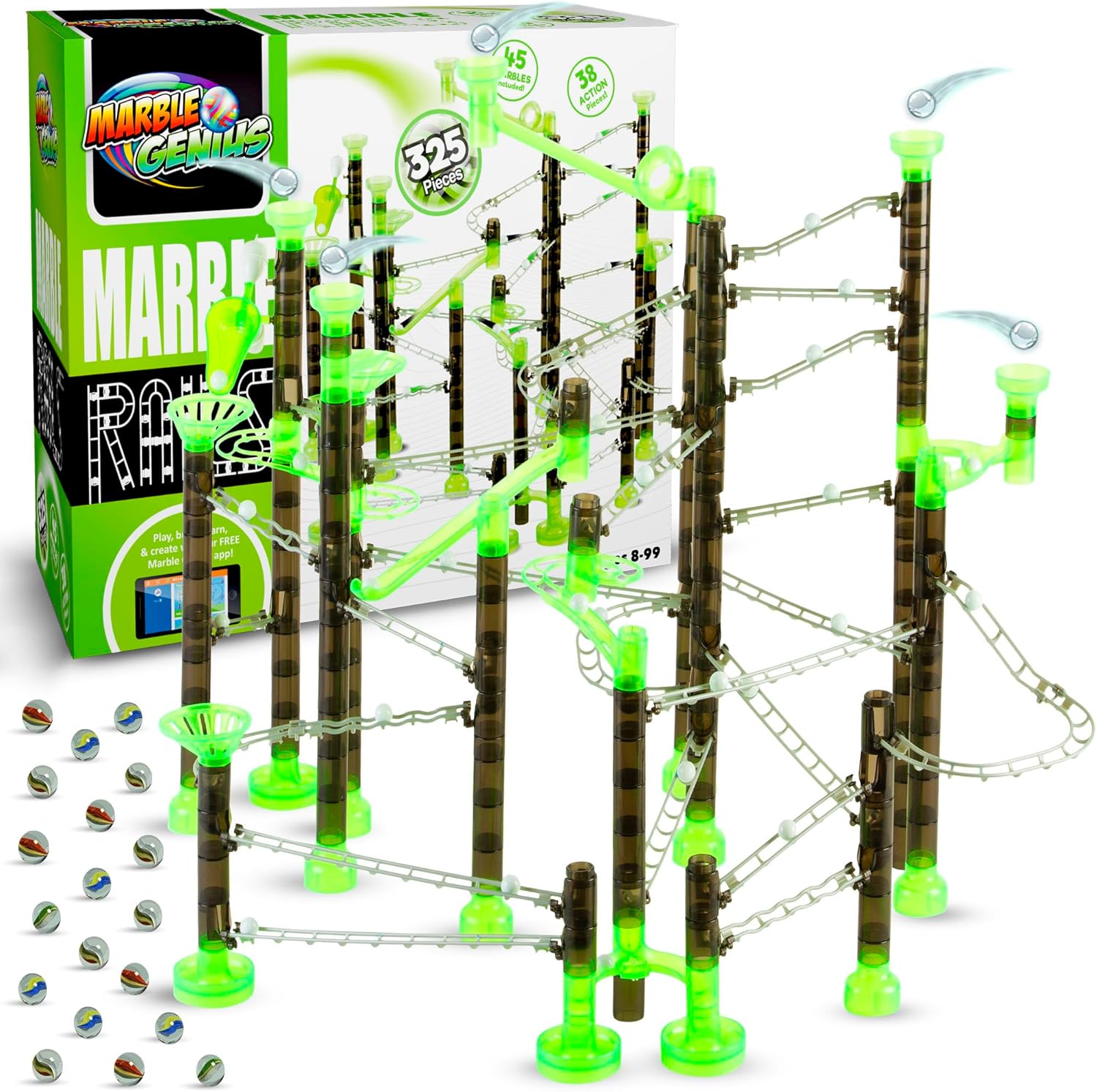 Marble Genius Marble Rails Super Set, 325 Piece Marble Run