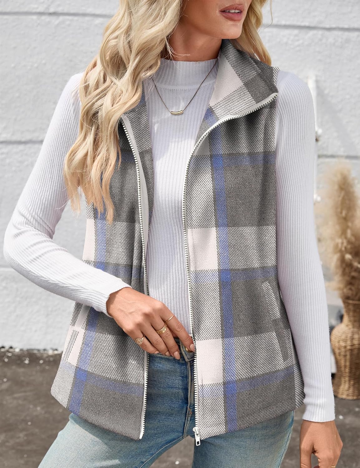 Rapbin Women's Plaid Outerwear Vests Tops Zip Up Collared Sleeveless Jacket with Pockects - Image 4