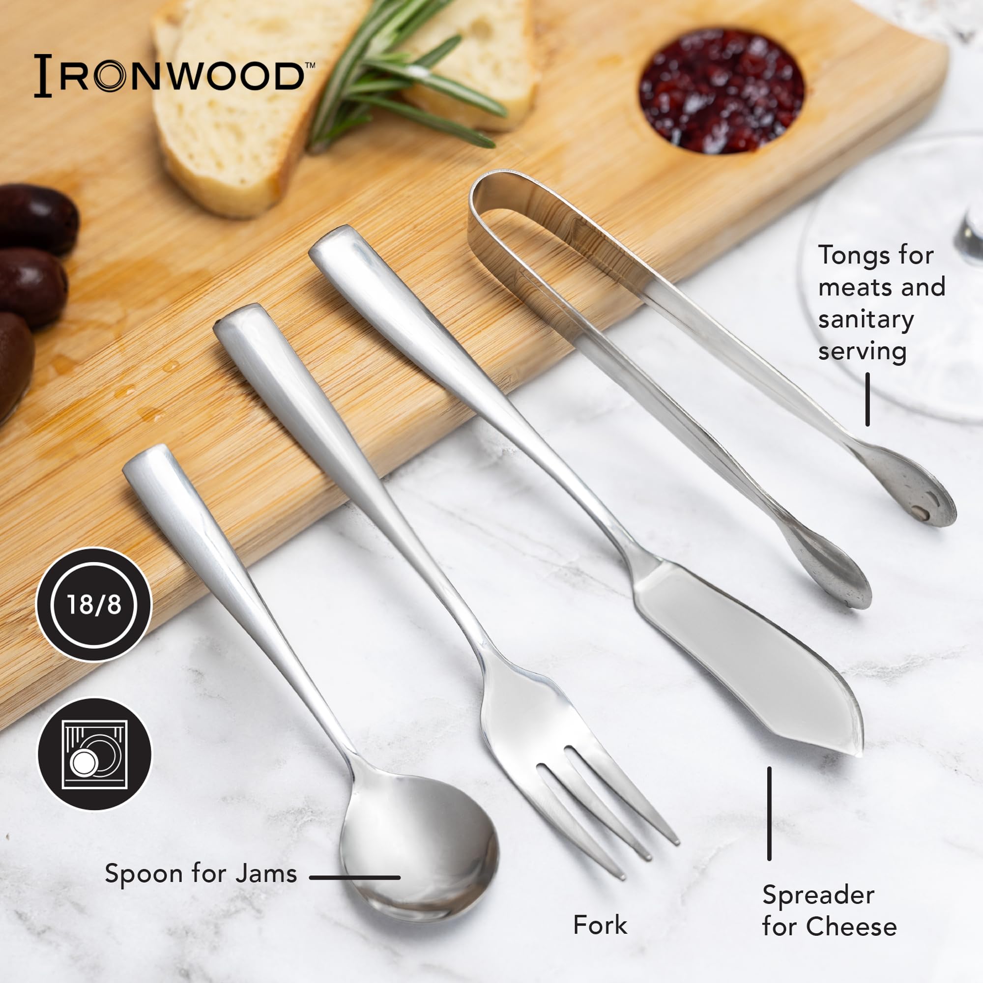 Ironwood Gourmet - Juego de 8 utensilios de charcutería de acero inoxidable, incluye tenedores, cuchillos, esparcidores, cucharas, pinzas
