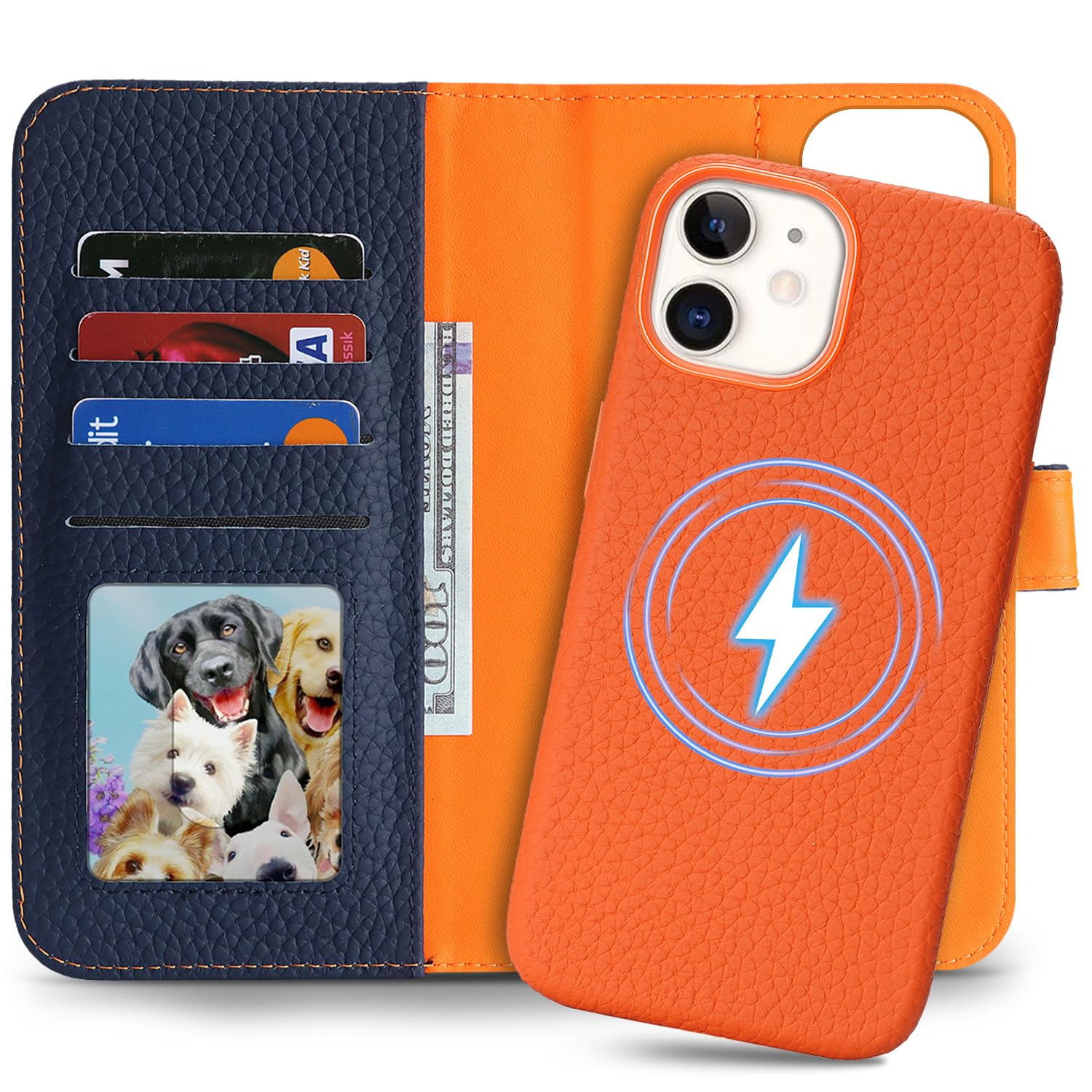 SailorTech Custodia per iPhone 11 in vera pelle con scomparti per carte, Telefono Custodia portafoglio 2 in 1 staccabile, Custodia a libro per iPhone 11 - Blu e Arancione