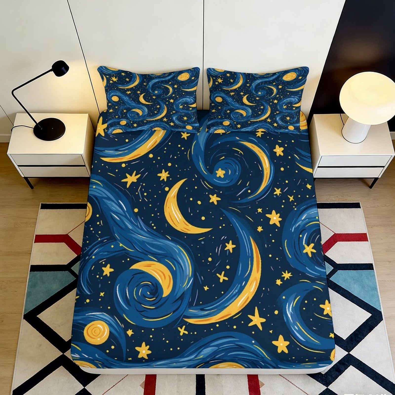 3D Printed Galaxy Starry Sky Fitted Sheet Microfiber Soft Deep Blue Cosmic Nebula Mattress Cover Bedroom Home Décor 90x200x25cm