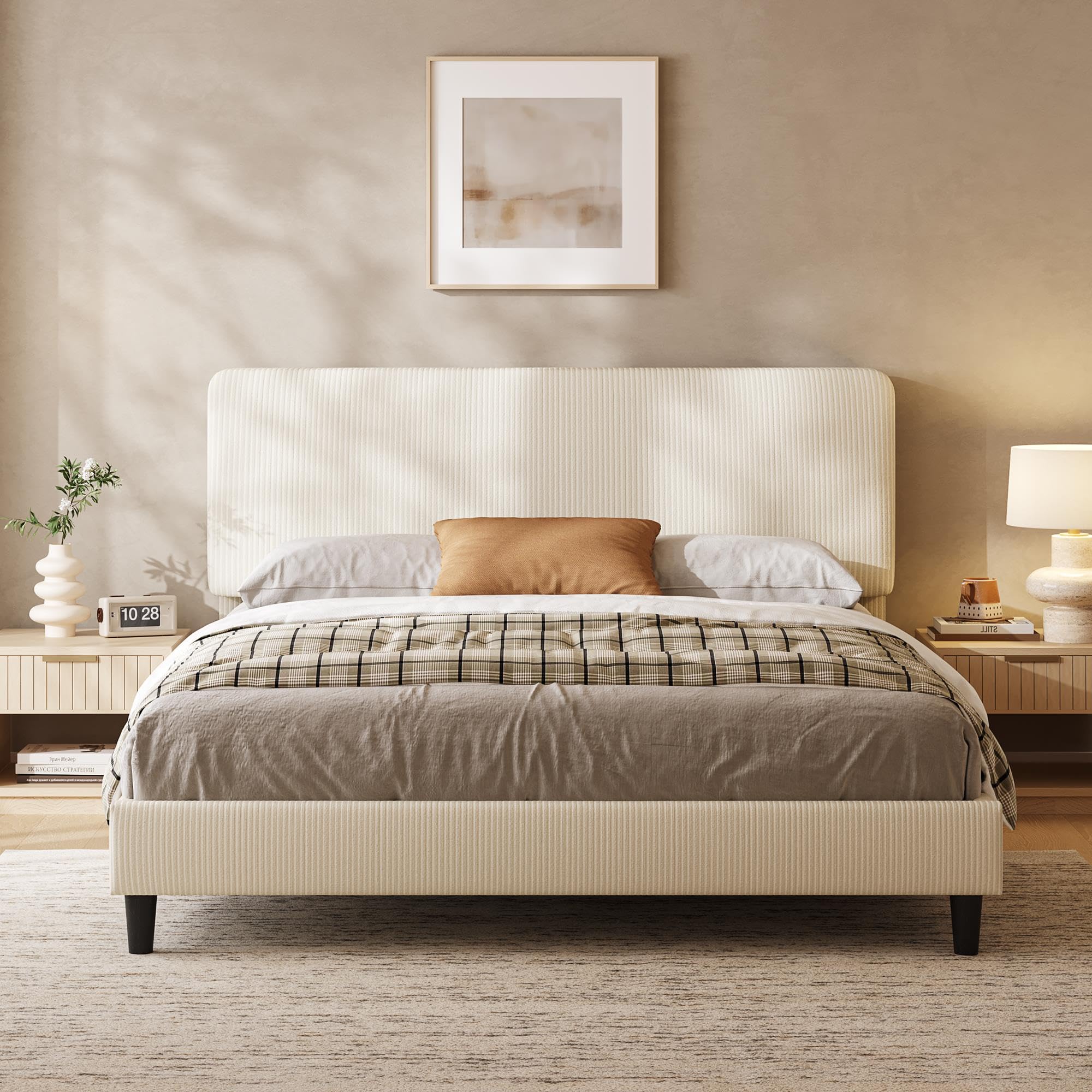 Yaheetech Chenille Upholstered Double Bed Frame 135×190cm Beige Fabric Bed