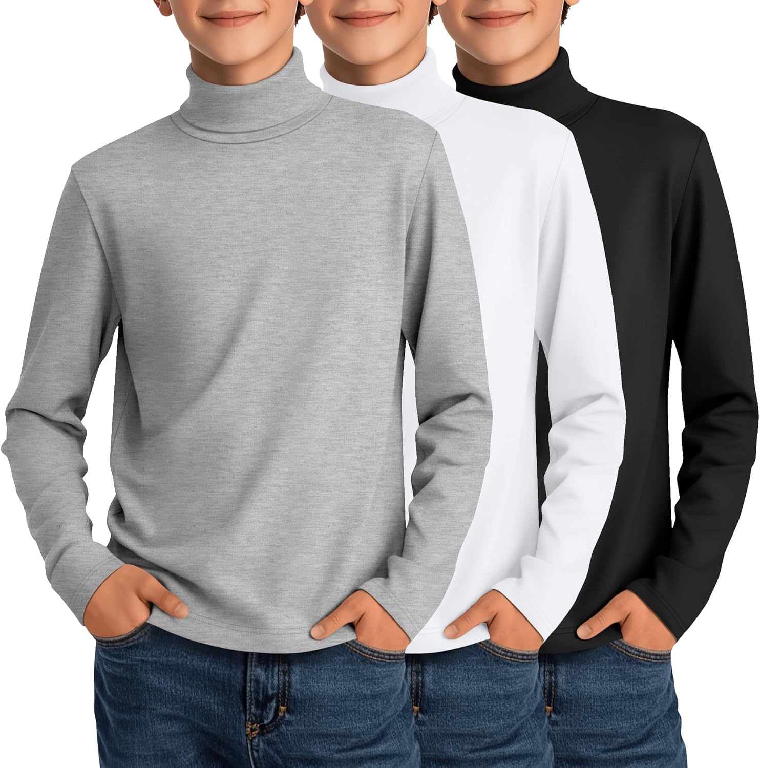 LessonZoo 3 Pack Boys Turtleneck Tops Kids Long Sleeve Shirts Turtle Neck Pullover Undershirt Youth Basic Layer Warm Tops