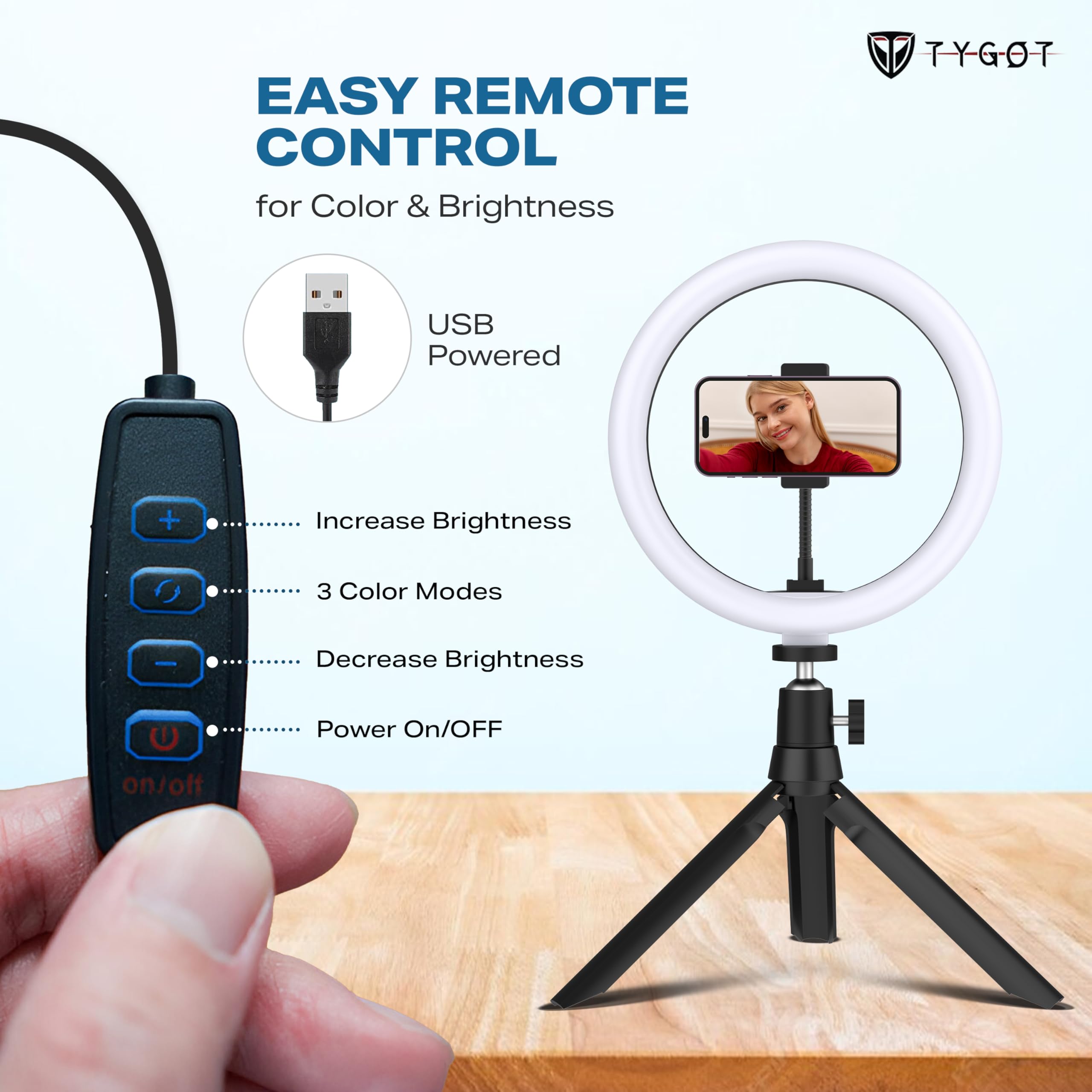 Tygot 10 Inches Ring Light with Tripod & USB, 3 Color Modes & 10 Brightness Levels, 360° Rotation Ring Light for Vlogging, Makeup, YouTube, Photoshoots, Live Streaming & Studio Lighting — Amazon image 6