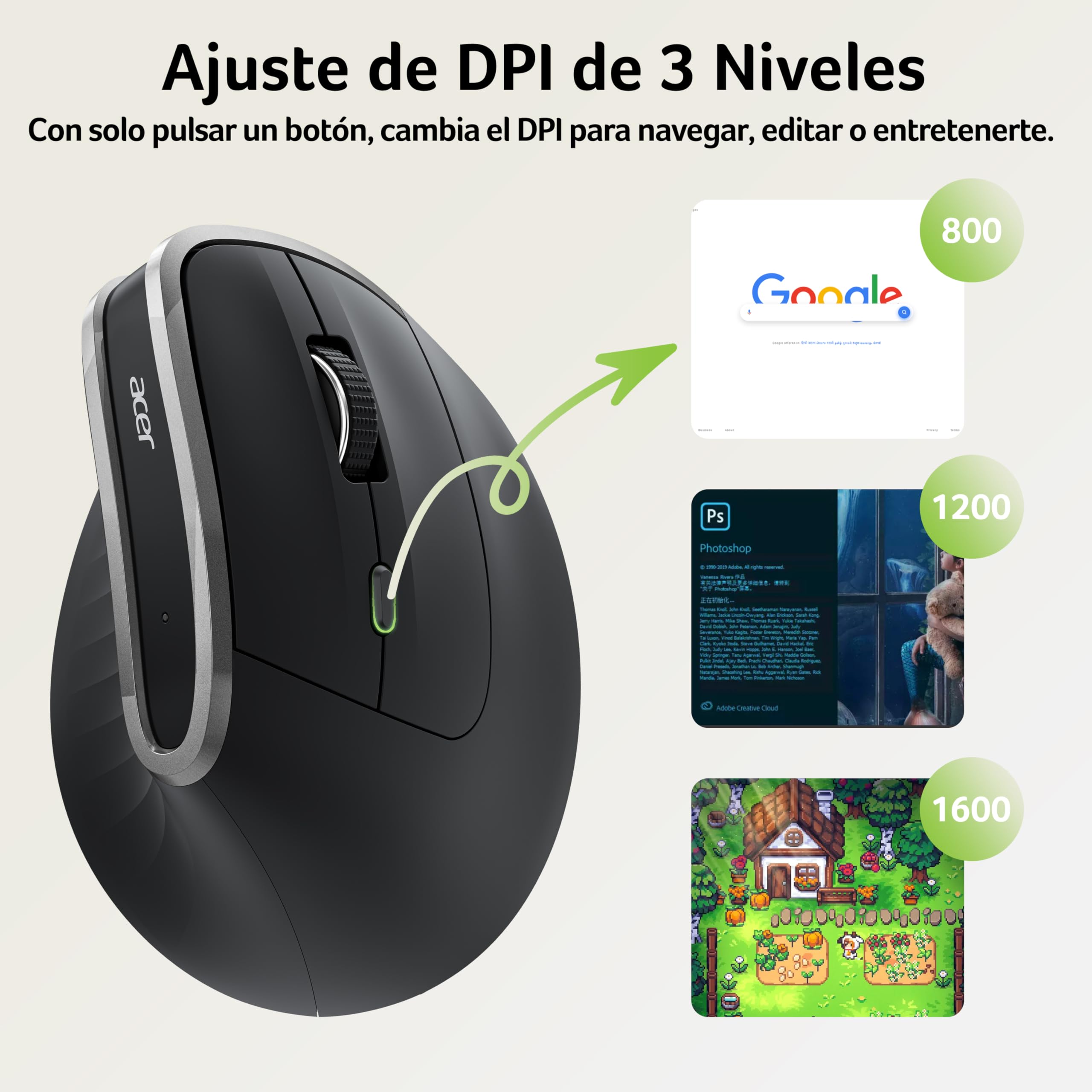 Acer Ratón Ergonómico 2.4G, Ratón Vertical Inalámbrico 1600 dpi | Wireless Mouse Recargable con Receptor USB-A para PC y Portátiles, Compatible con Windows, macOS, Linux, etc.