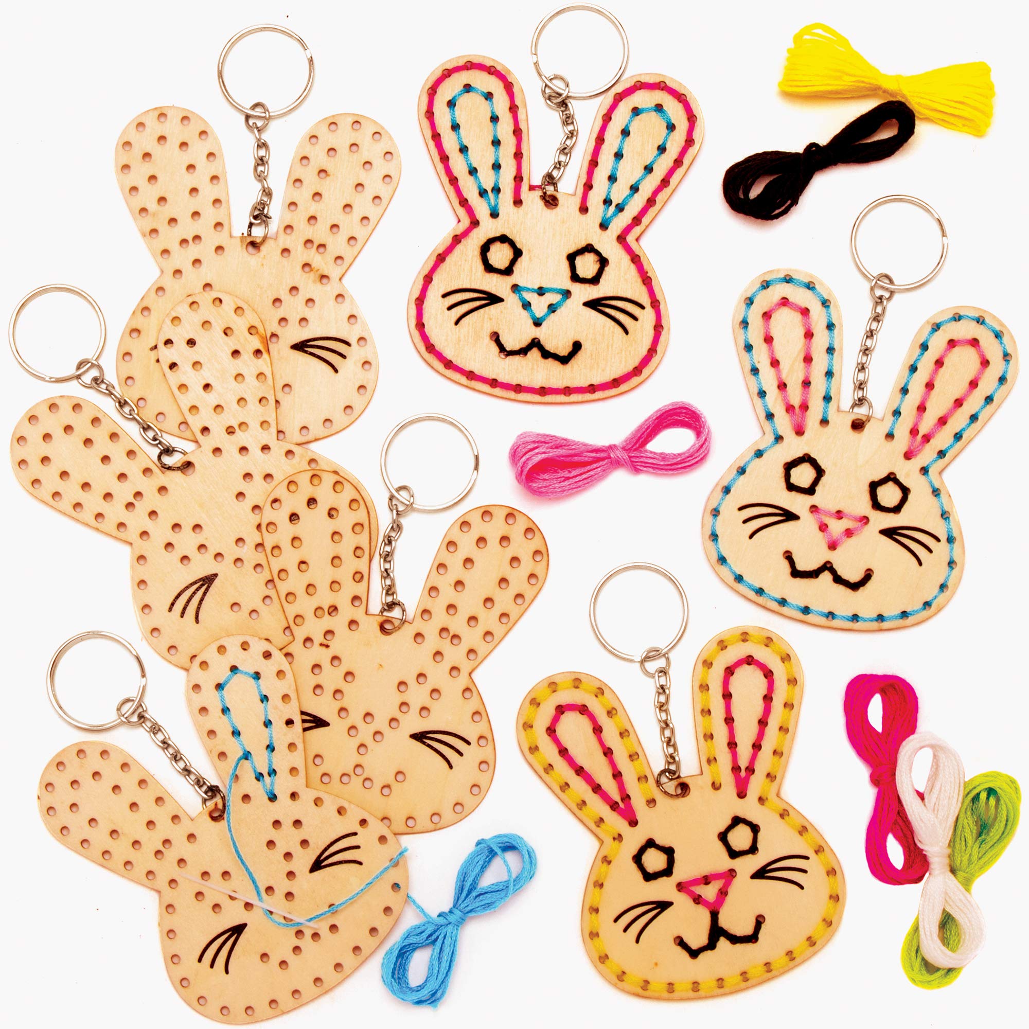 Baker Ross Easter Bunny Wooden Threading Keyrings - Pack of 5, Keyring Making Kit for Kids (AT422)