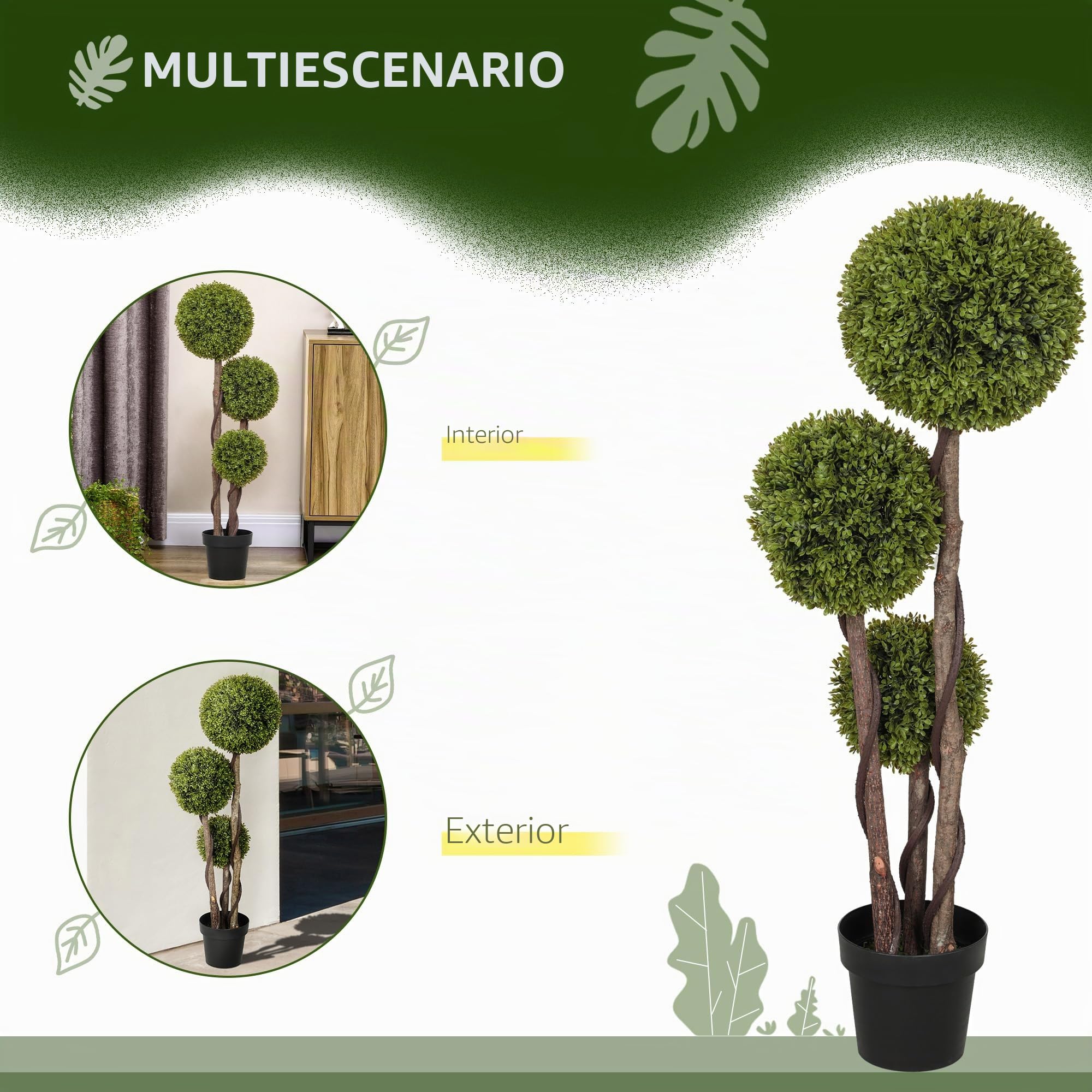 HOMCOM 1,16m Árbol topiario Artificial de boj en Maceta Verde Claro | Planta artificial, árbol de tres bolas, interior y exterior