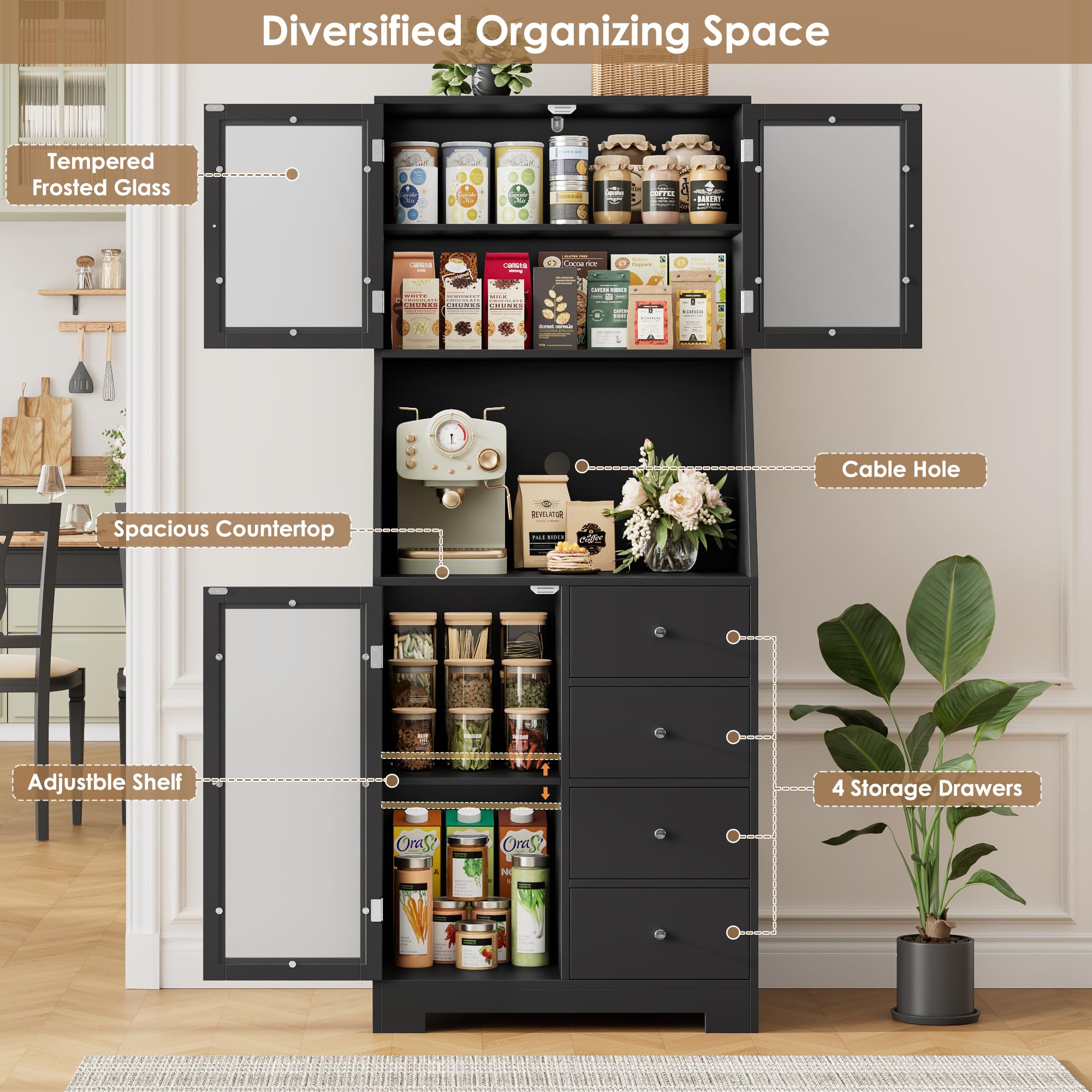 HOCSOK 163cm Küchenschrank, Buffetschrank mit Arbeitsplatte, Vorratsschrank Küche mit 3 Türen und 4 Schubladen, Hochschrank Küche für Wohnzimmer Esszimmer Bar, Schwarz
